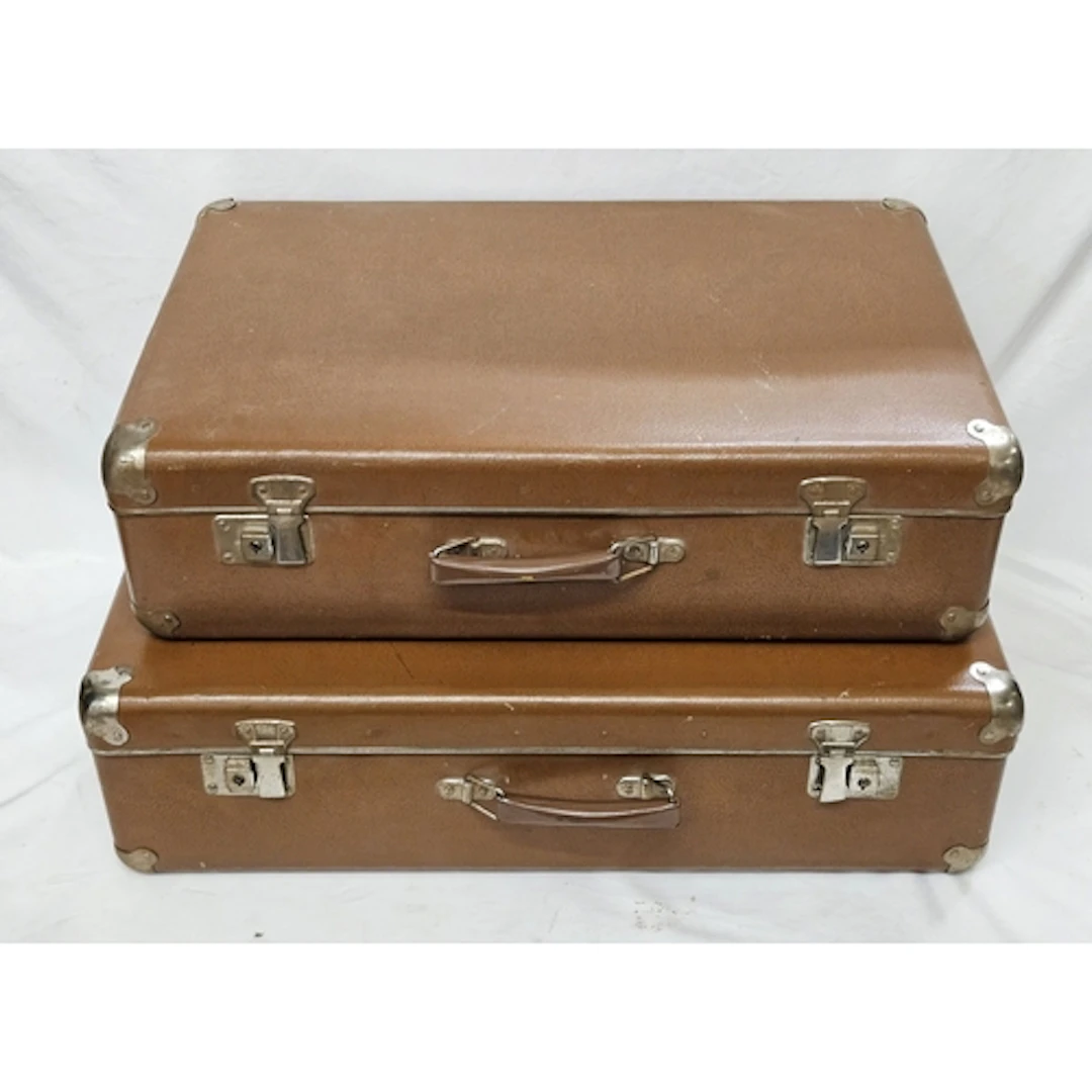 2 Vintage Brown Vinyl Suitcases, largest approx. 64cm W