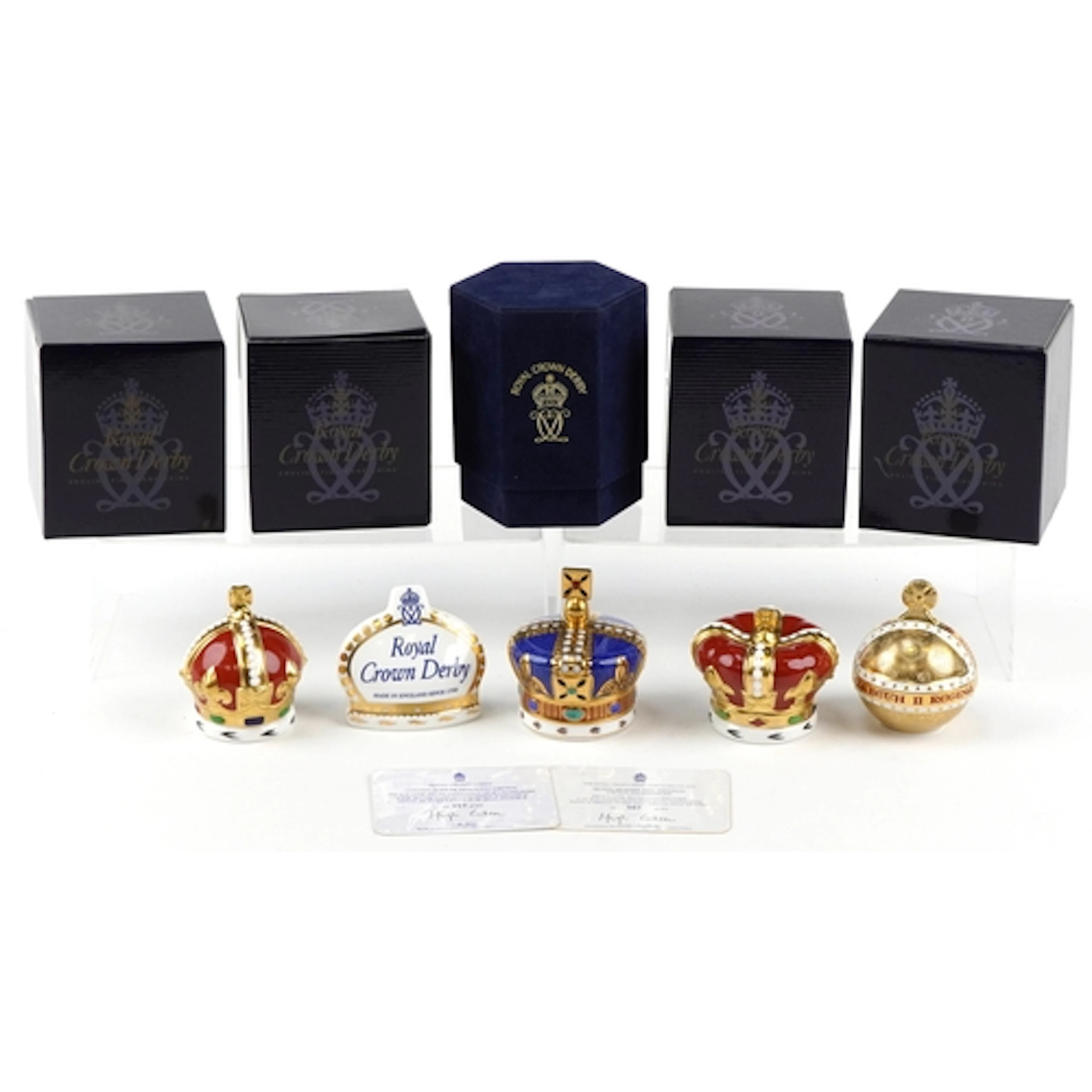 Five Royal Crown Derby paperweights comprising Elizabeth II ...