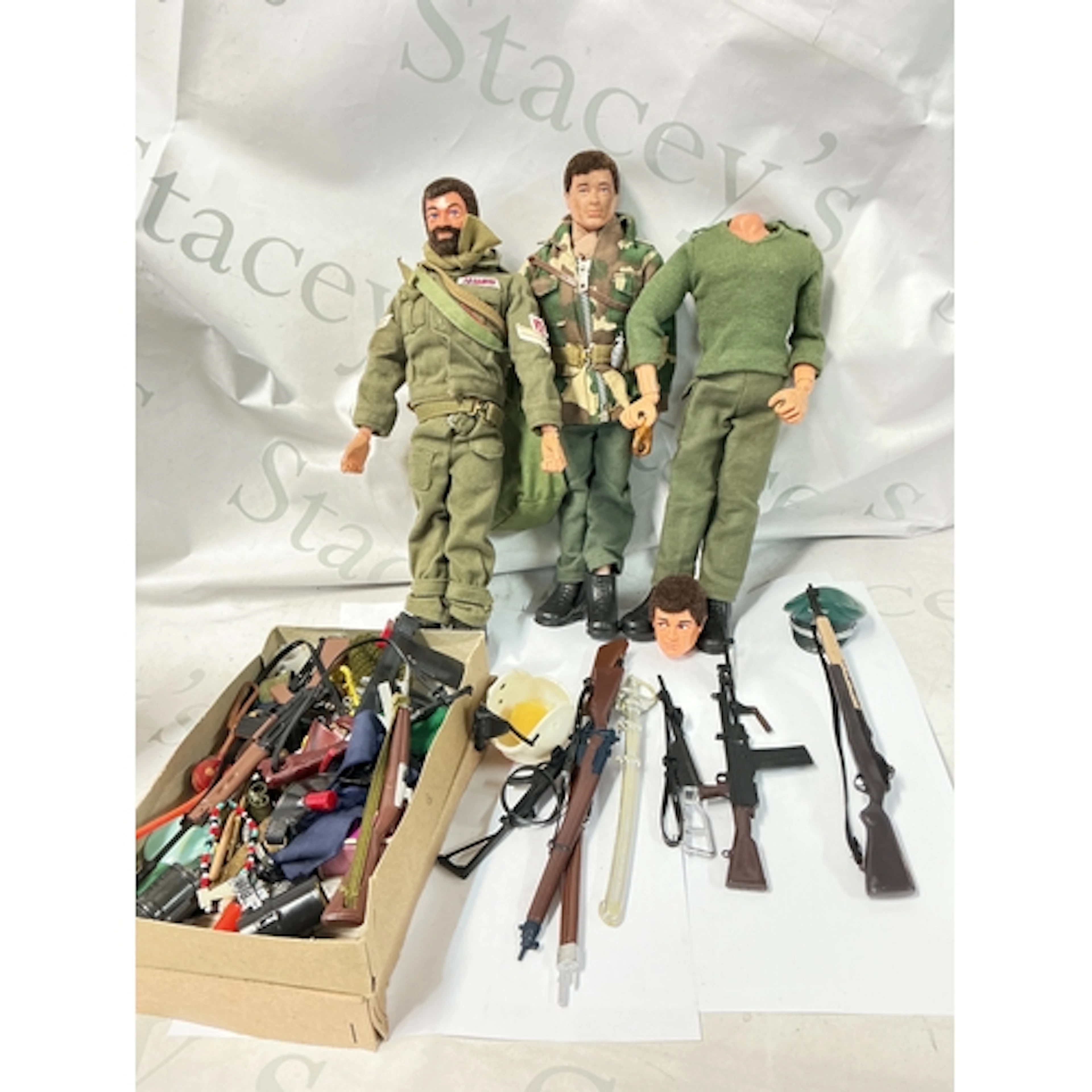 3 Vintage Playworn Action Men And A Collection Of Accessorie...
