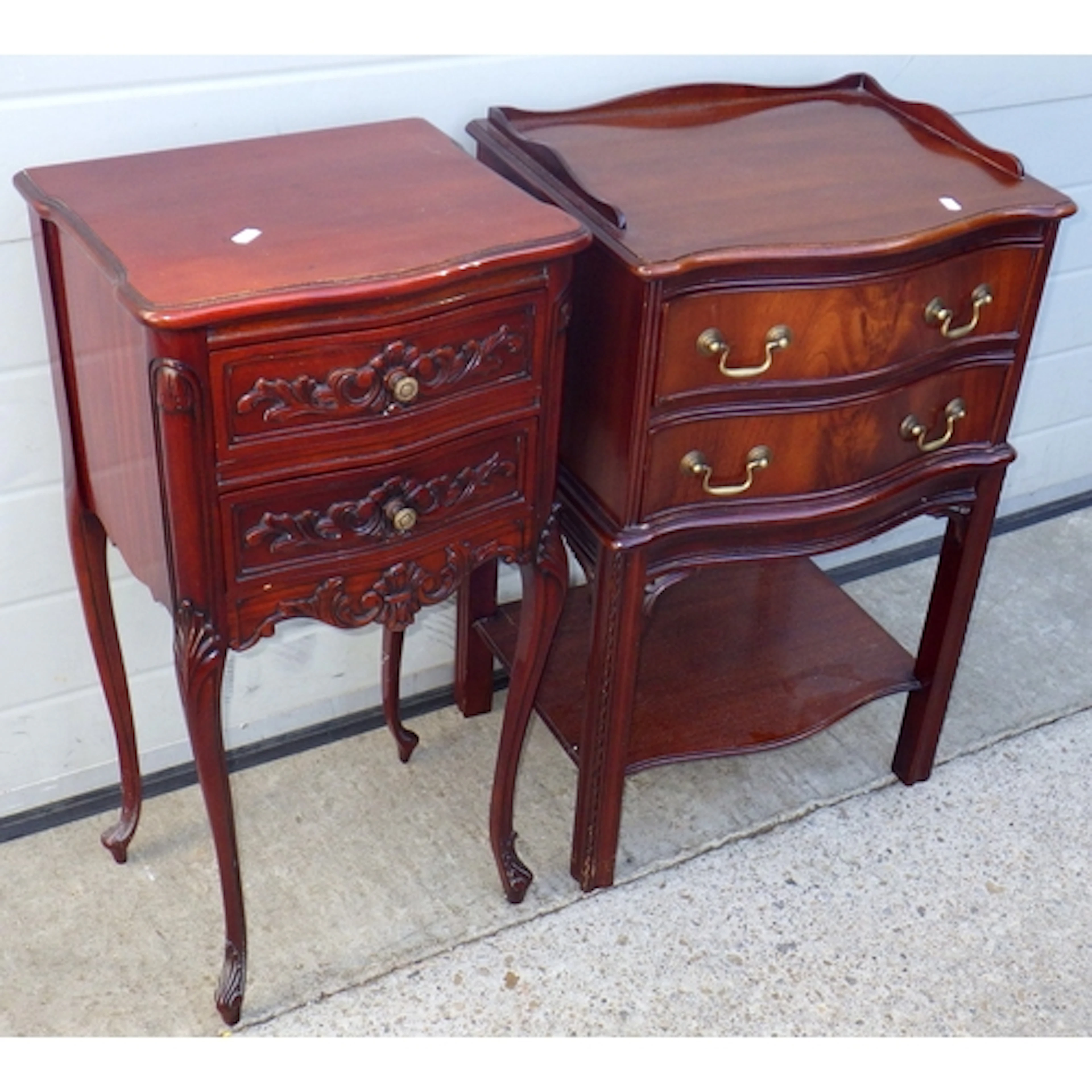 A reproduction Geo III style mahogany bedside table together...