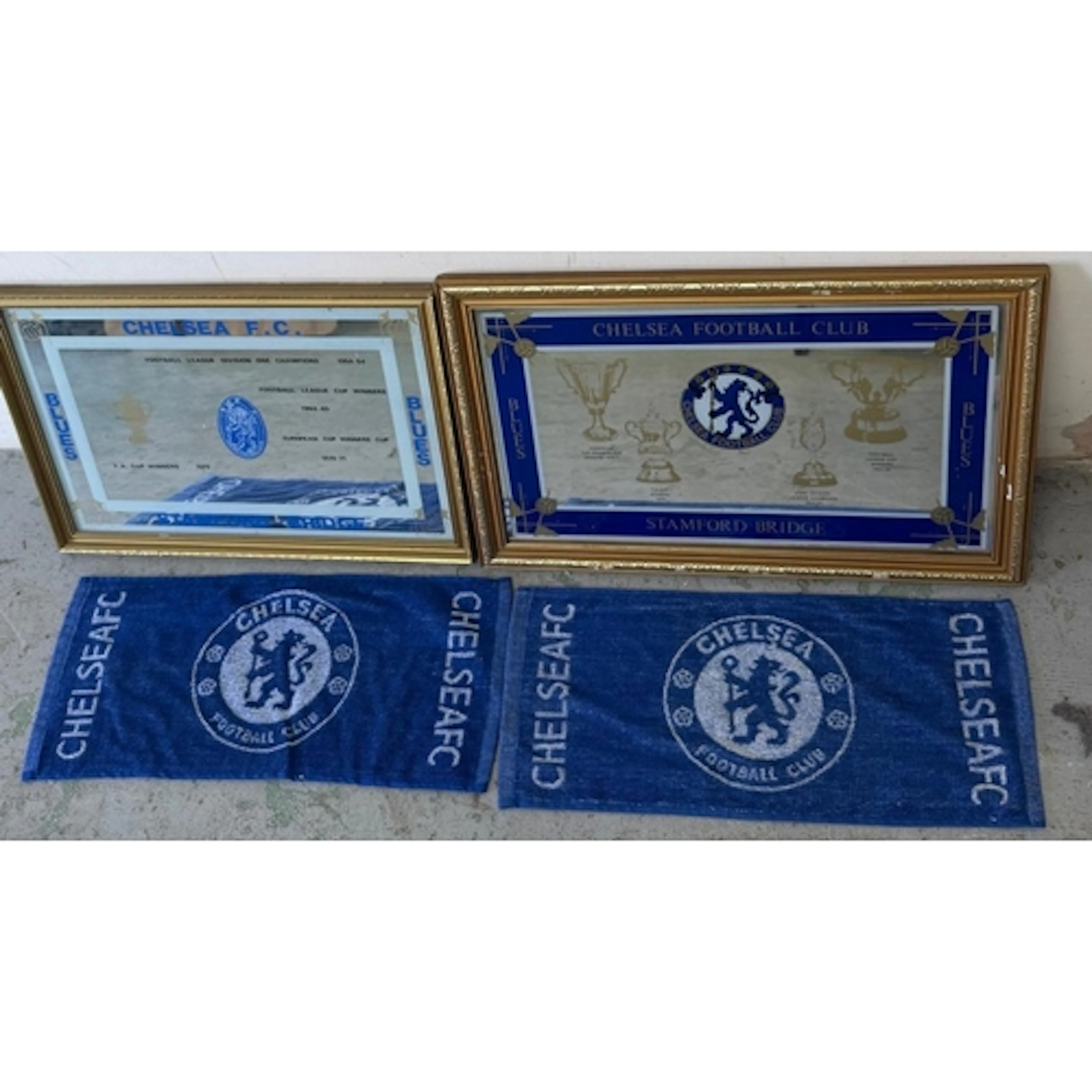 Two Chelsea Fc wall mirrors and Chelsea bar towels