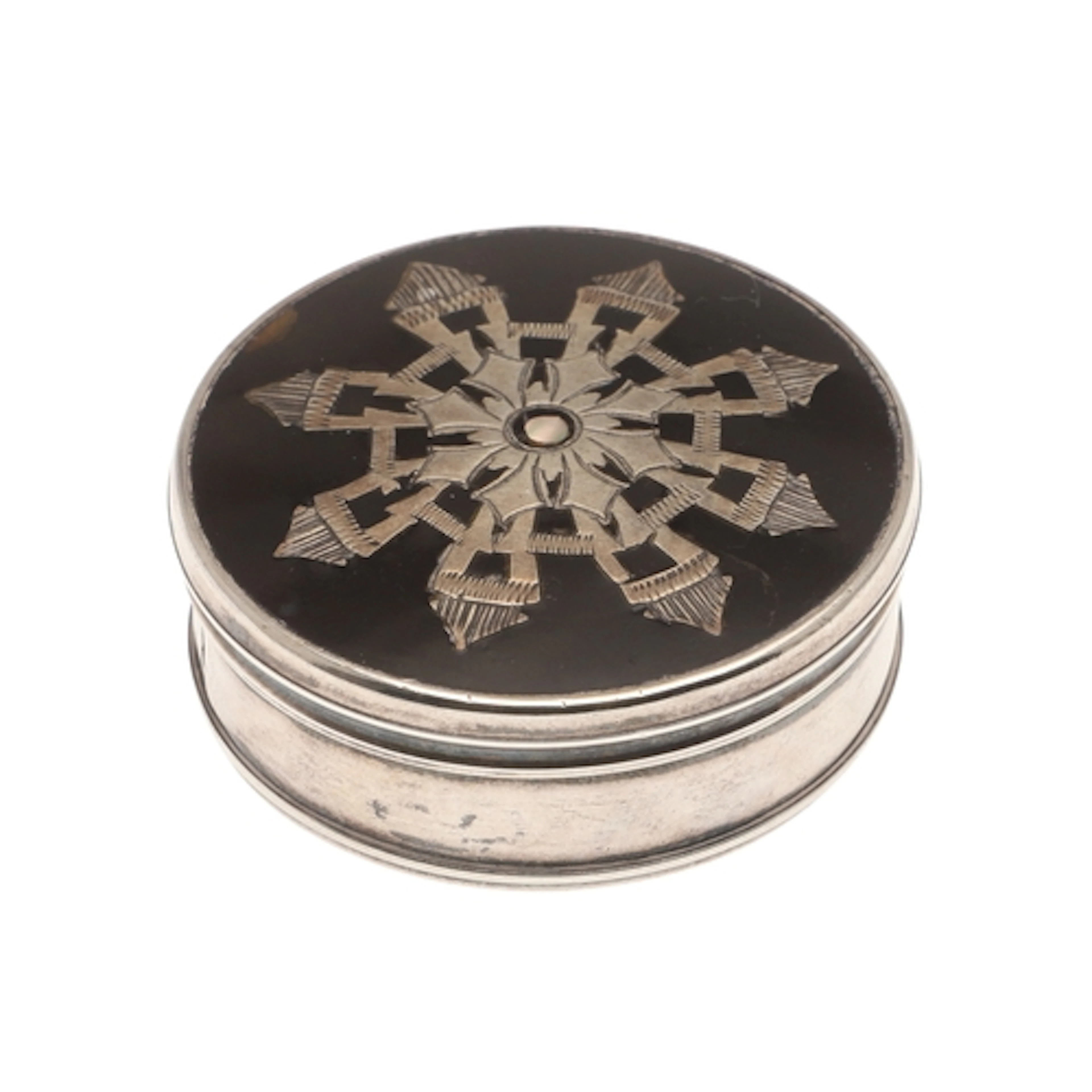 A 19TH CENTURY SILVER PATCH BOX. Of silver and tortoiseshell...