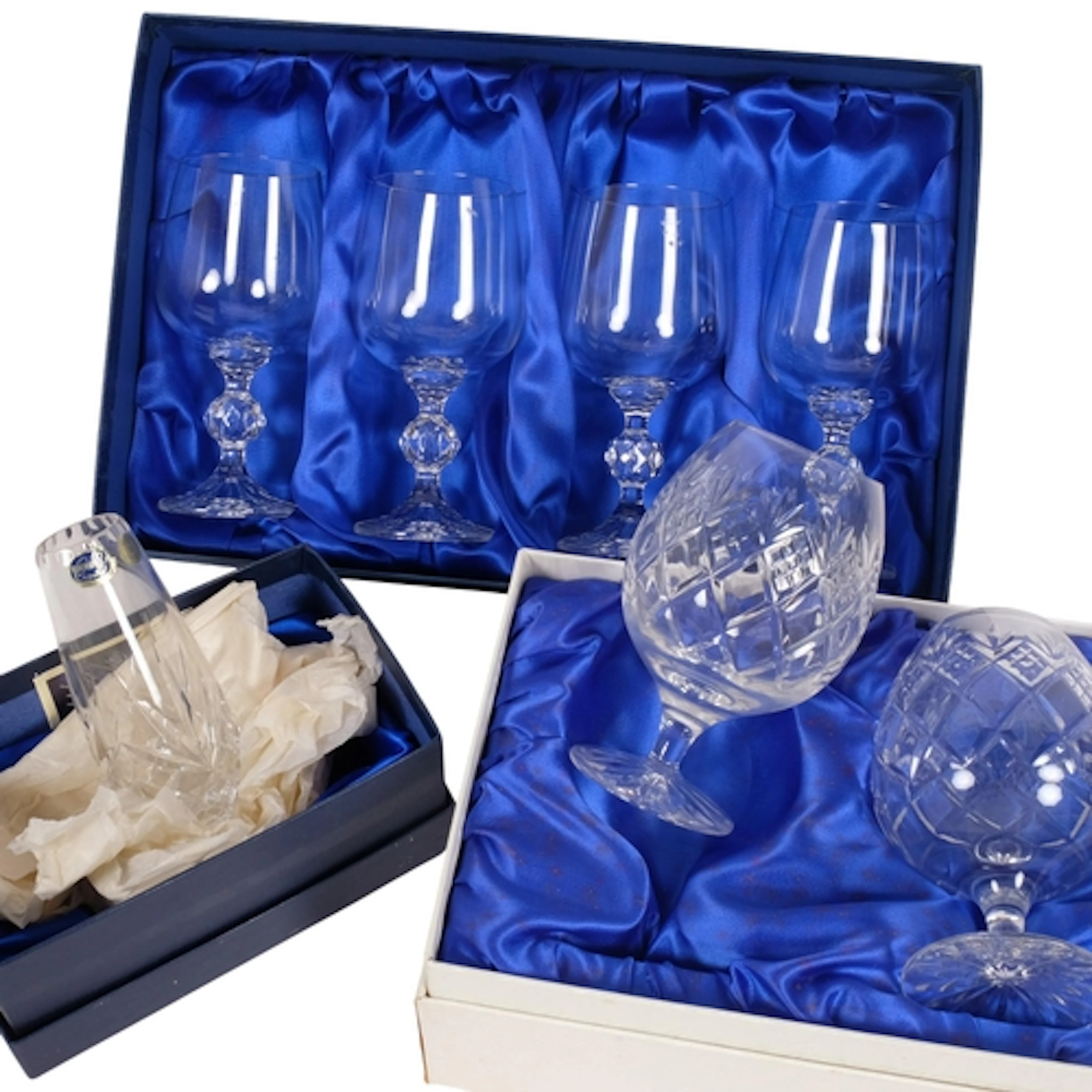 A boxed set of 4 Bohemia crystal goblets, H15cm, a boxed pai...