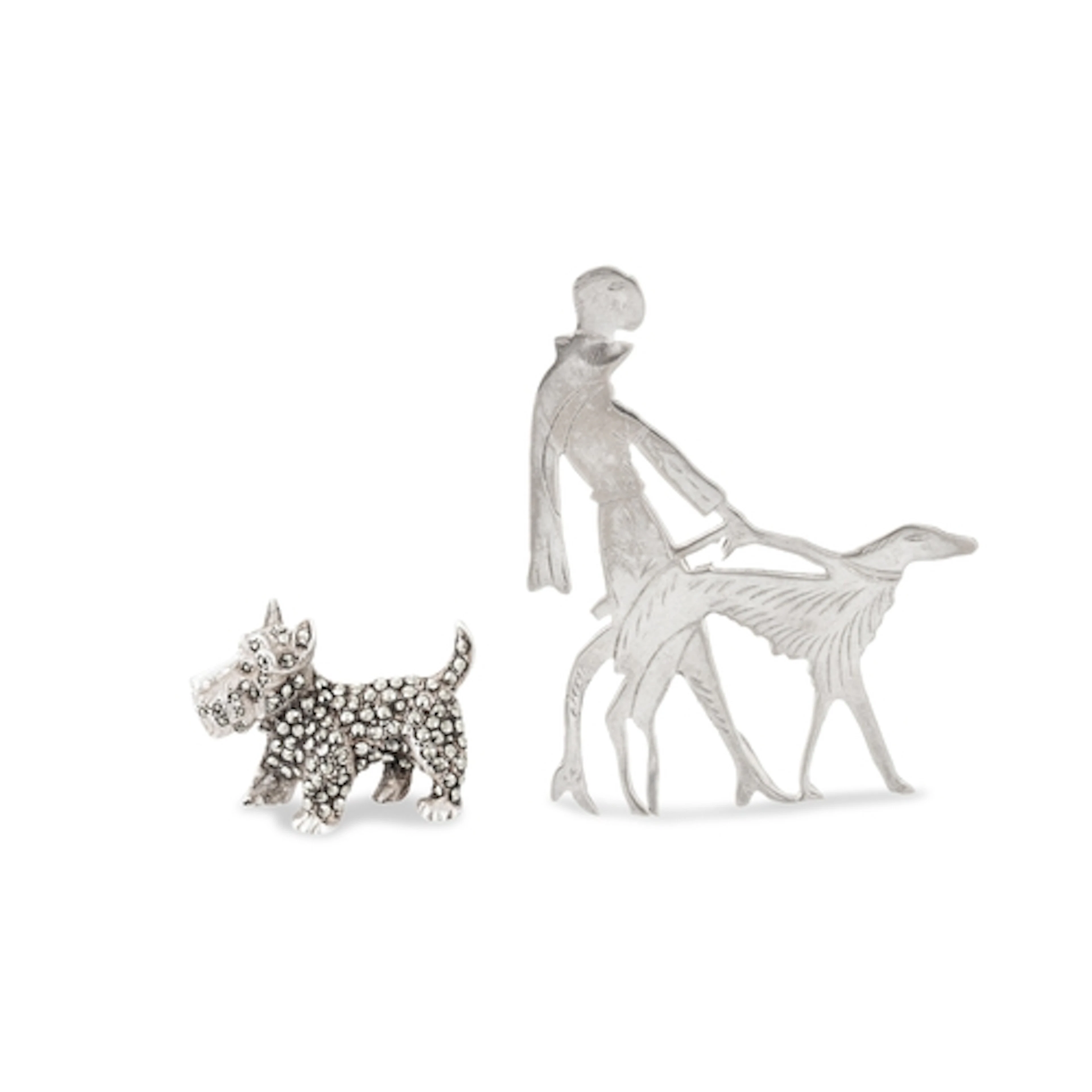 TWO SILVER DOG BROOCHES, one set with marcasite