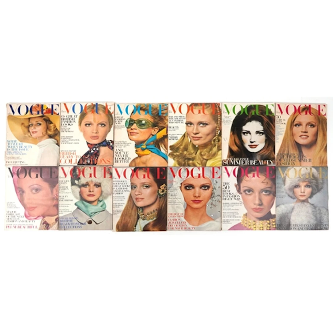 Collection of 1968 Vogue magazines.