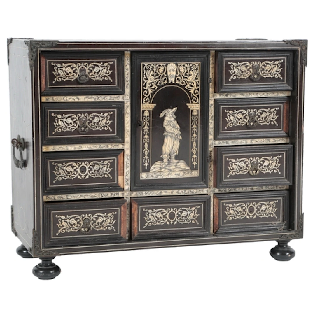 An Indo-Portuguese ivory inlaid ebonised fruitwood table cab...