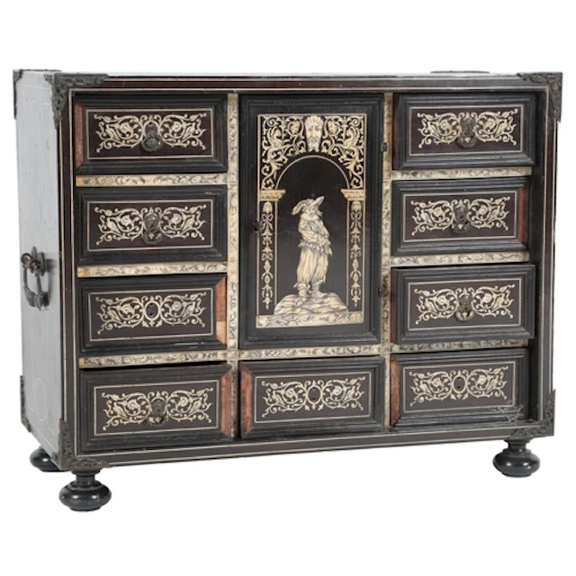 An Indo-Portuguese ivory inlaid ebonised fruitwood table cab...