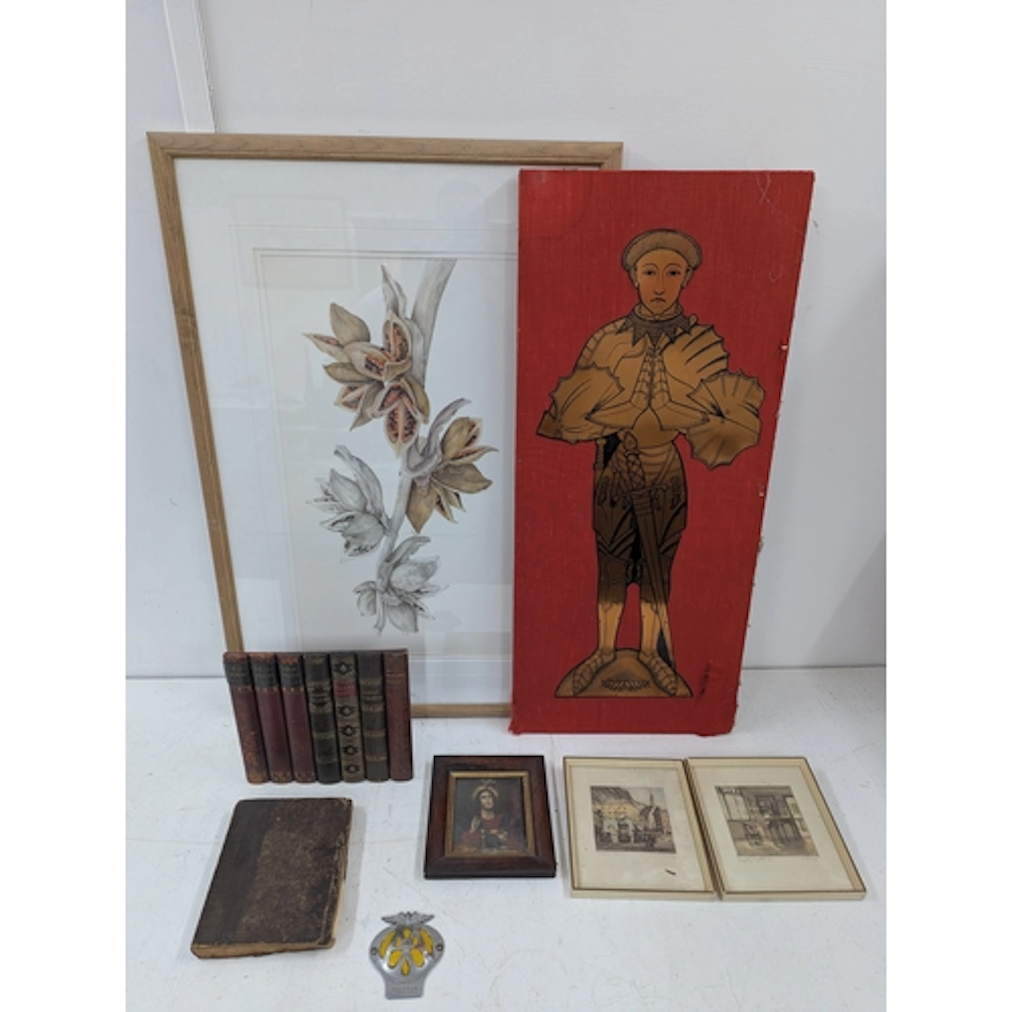 A mixed lot to include mixed pictures and prints, an AA badg...