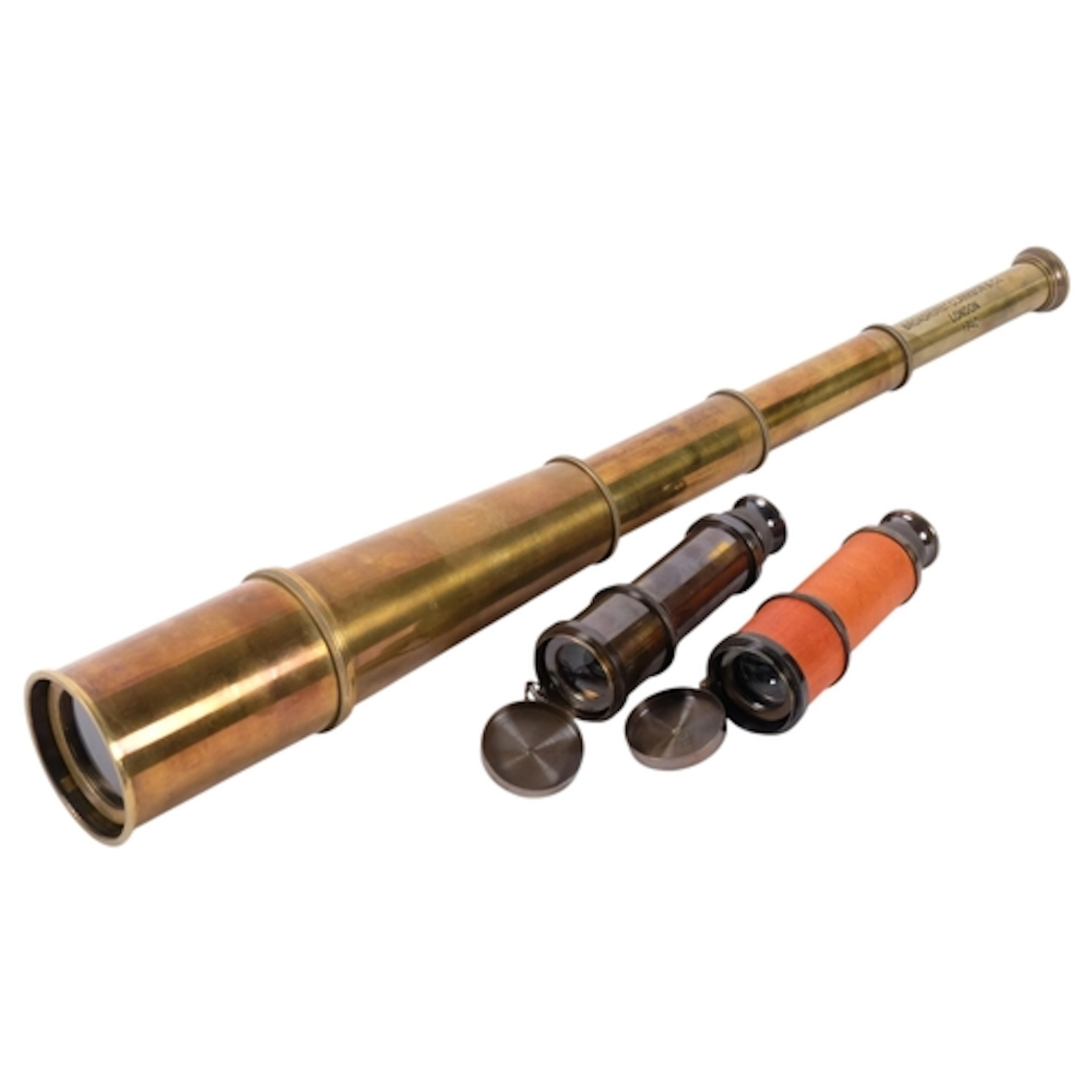 2 reproduction 3-draw telescopes, and a reproduction brass 3...
