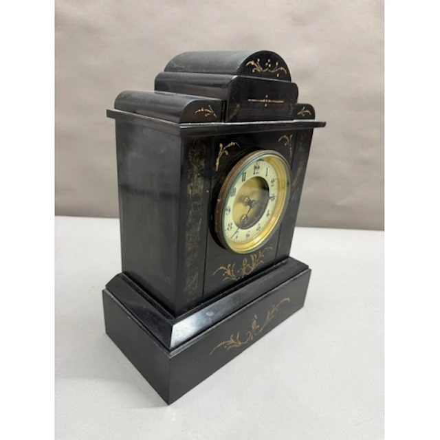 Black slate architectural mantel clock featuring gold painte...