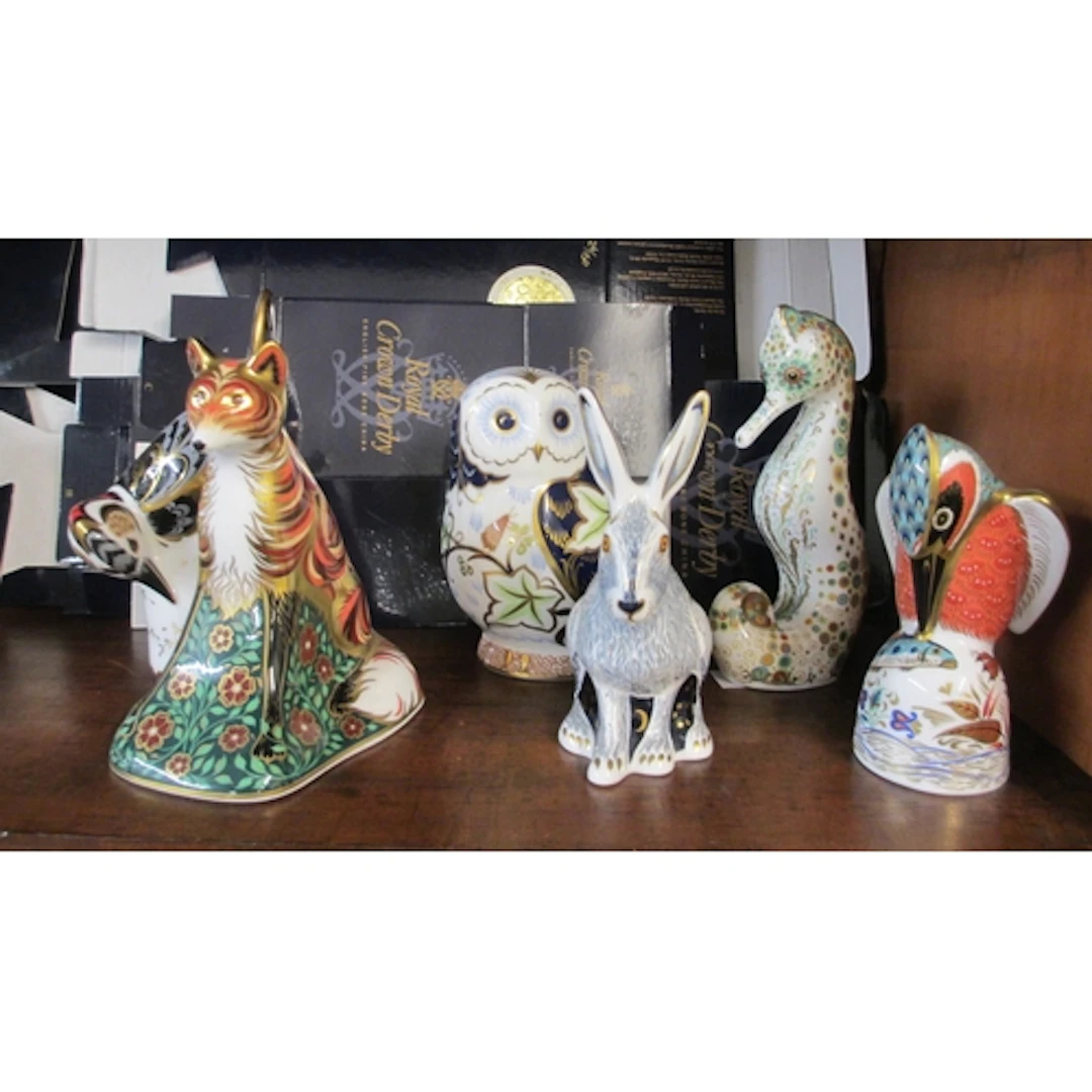 Group of six Royal Crown Derby paperweights, ' Kingfisher ',...