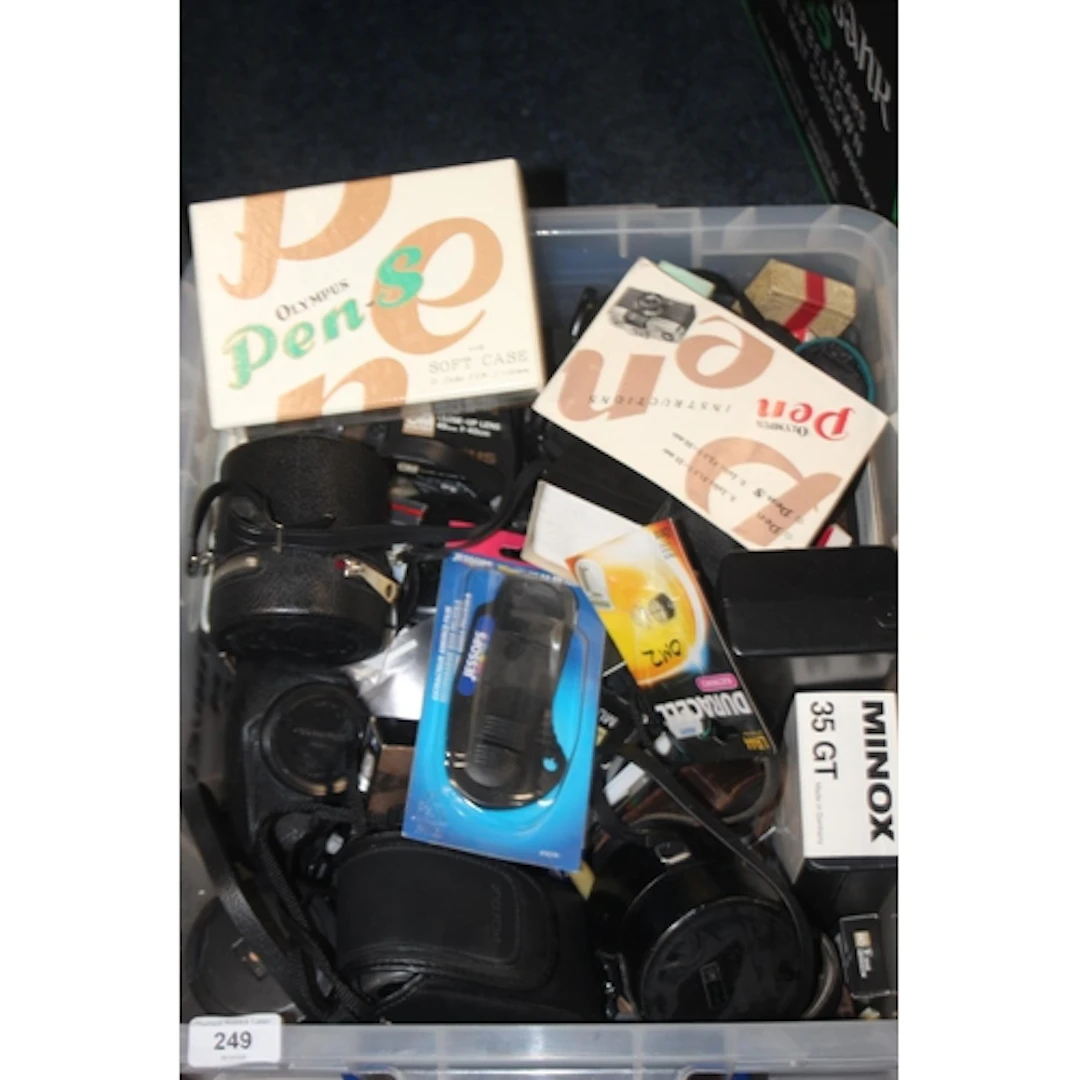 Box of camera equipment.