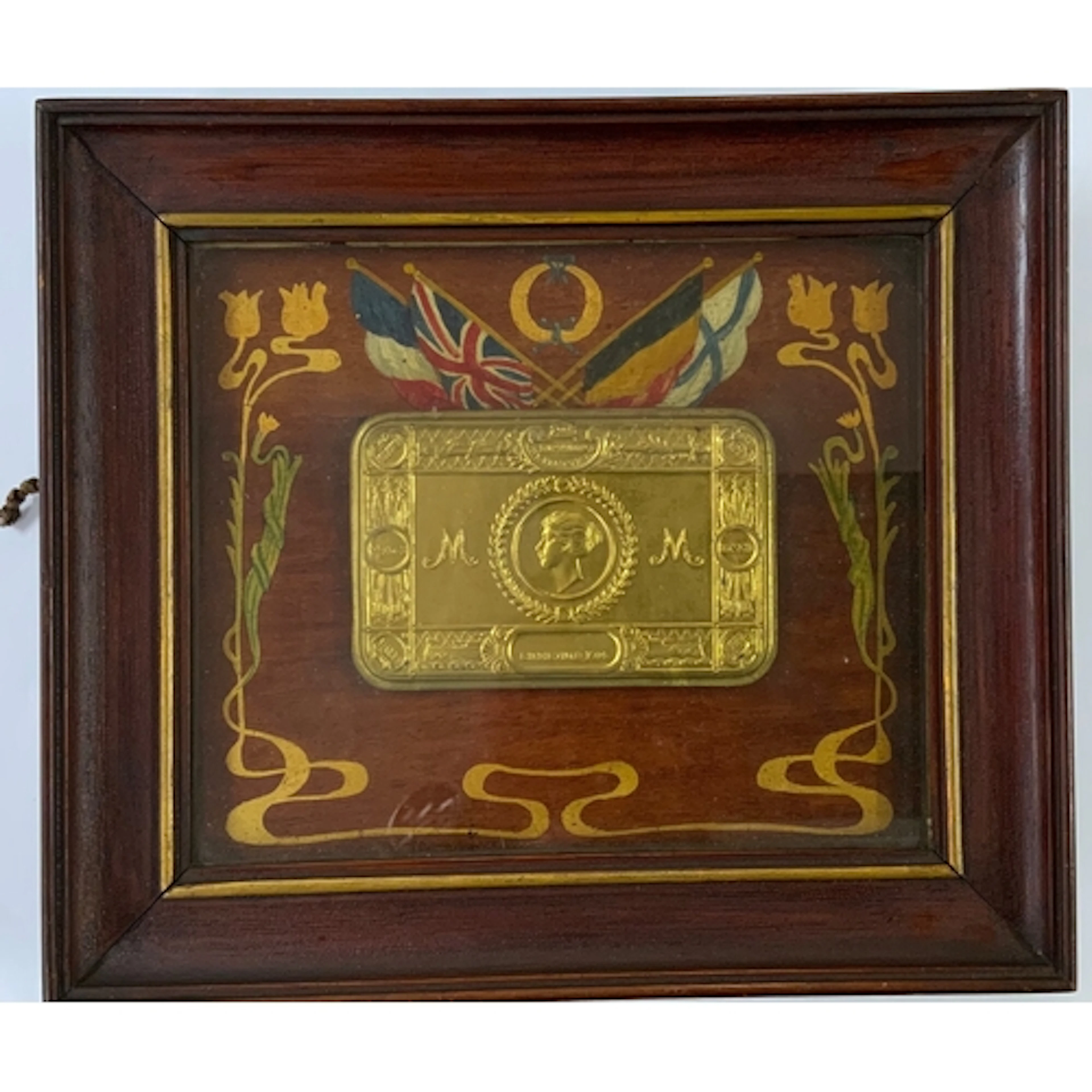 A framed Princess Mary tin, with hand painted allied flag de...