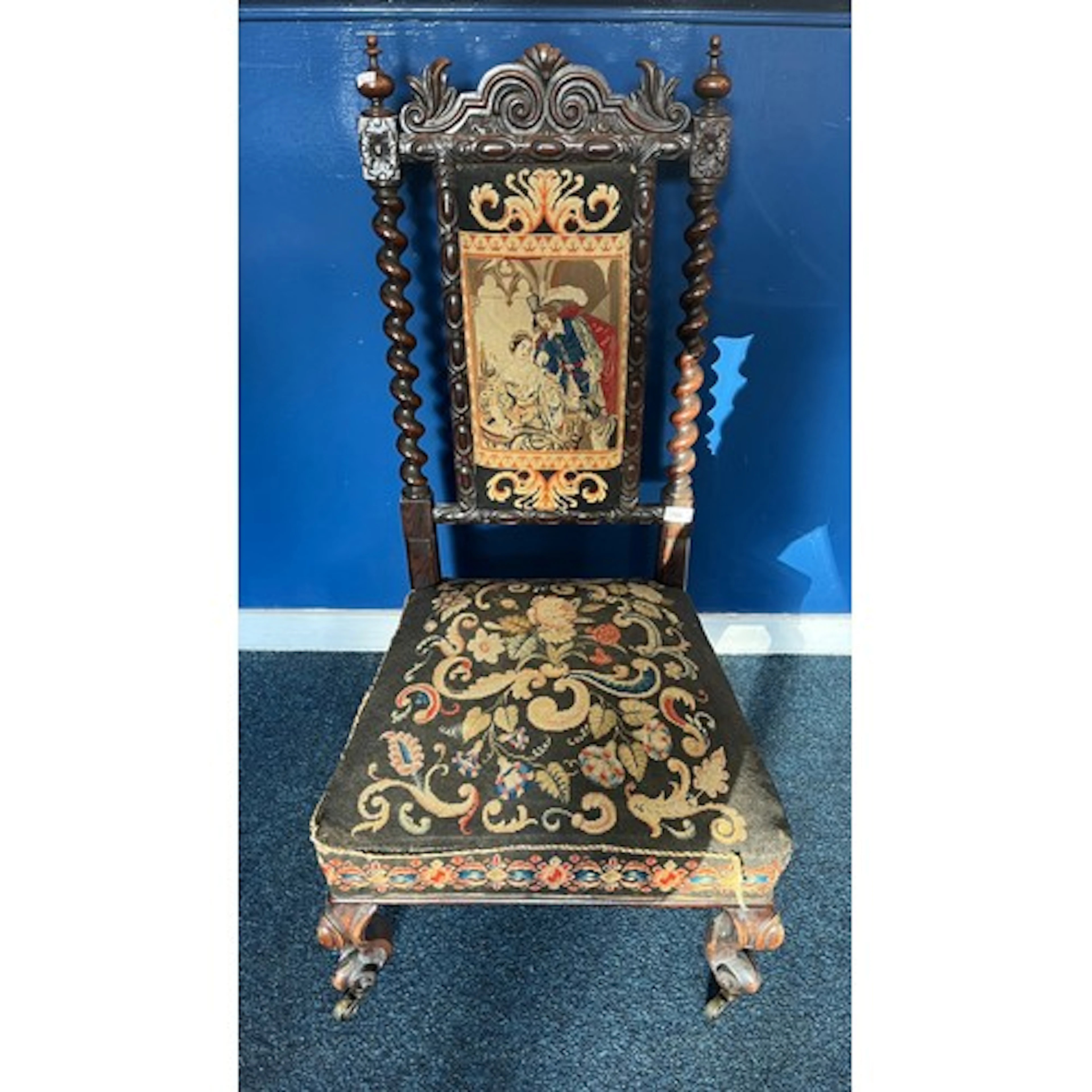 19th Century high back chair with upholstered period scene, ...