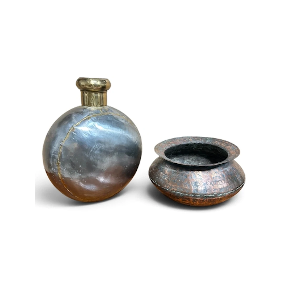 A BOTTLE SHAPED VASE TOGETHER WITH A COMPRESSED MIDDLE EASTE...