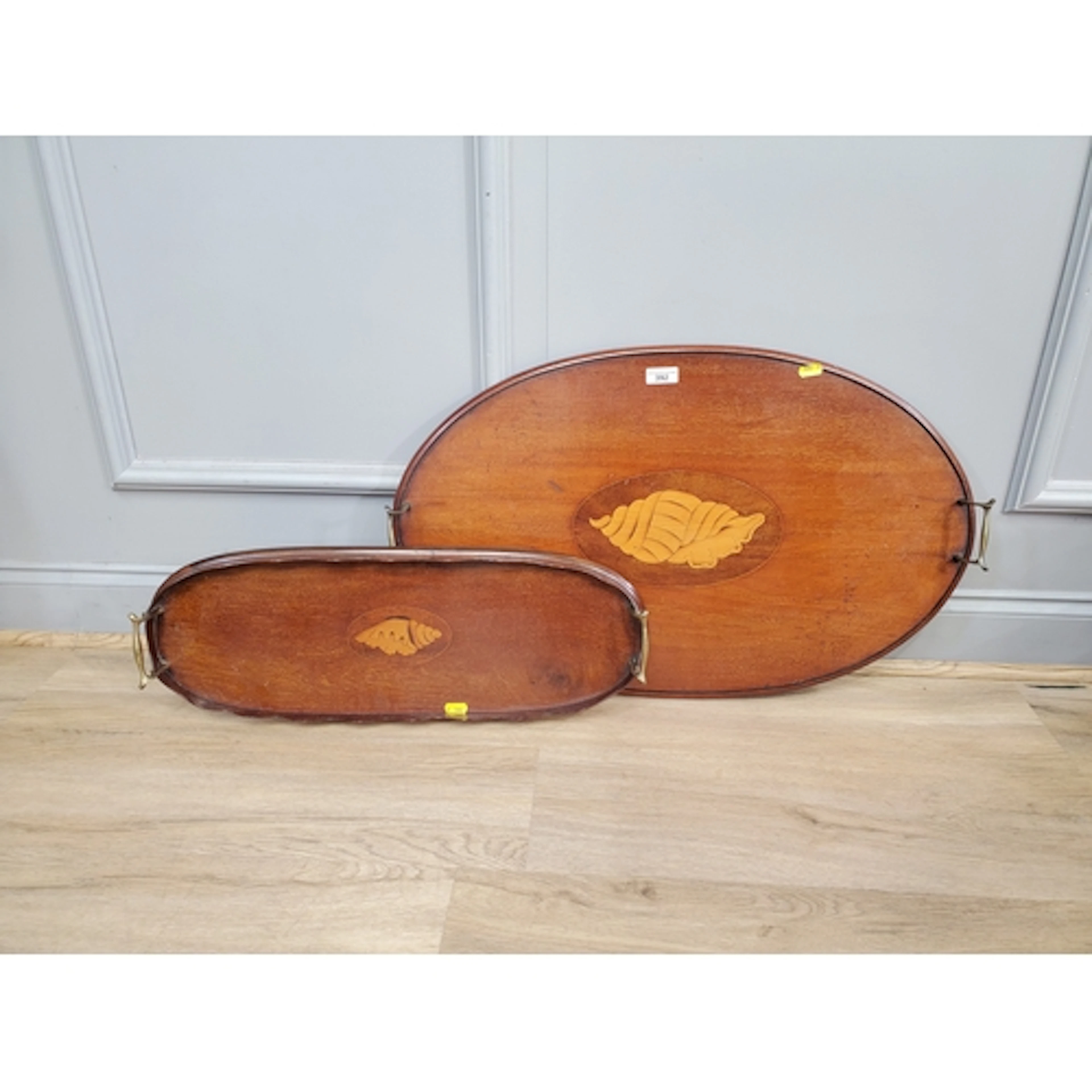 Two mahogany Trays with shell inlay, (R2).