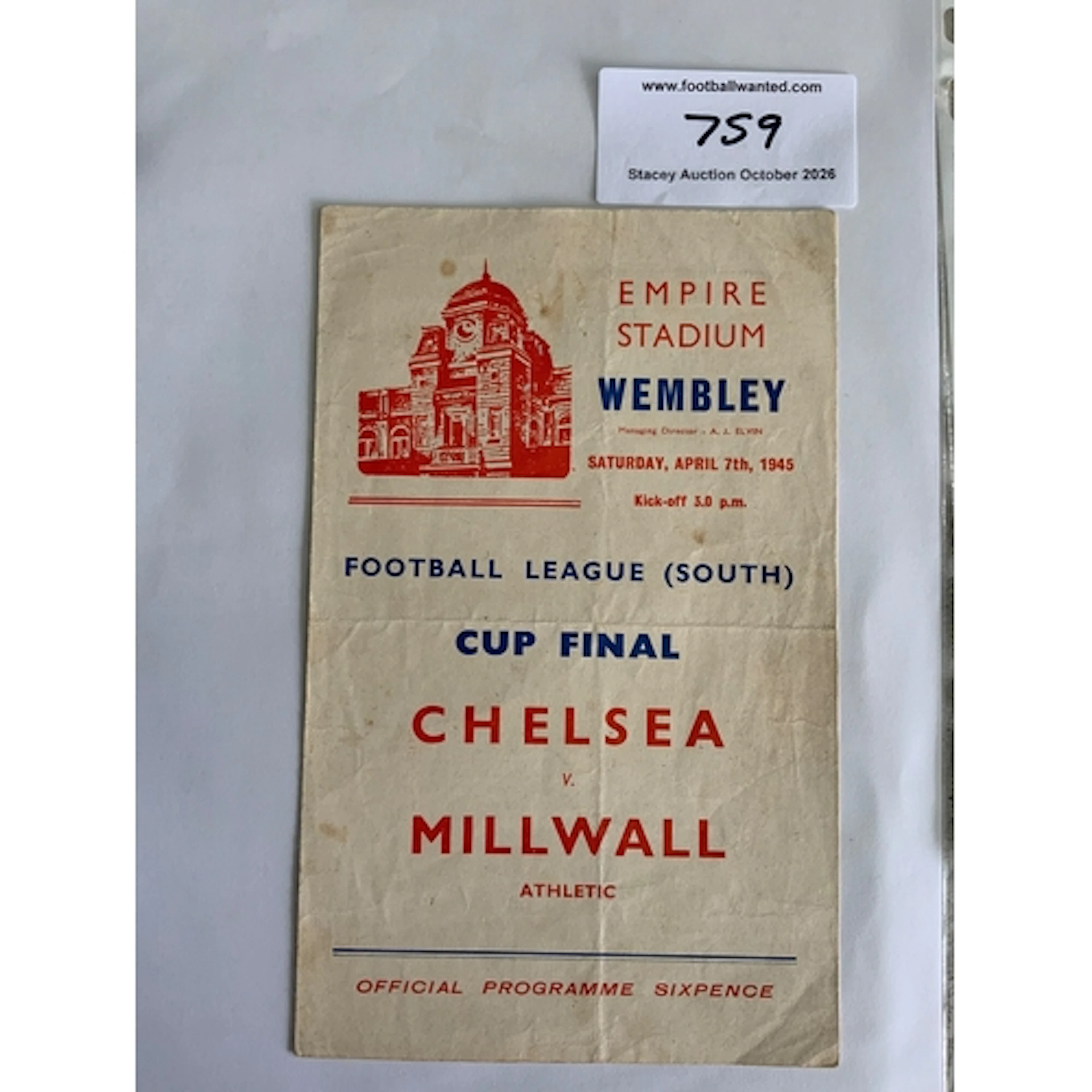 1945 FA Cup Final Football Programme: Chelsea v Millwall at ...