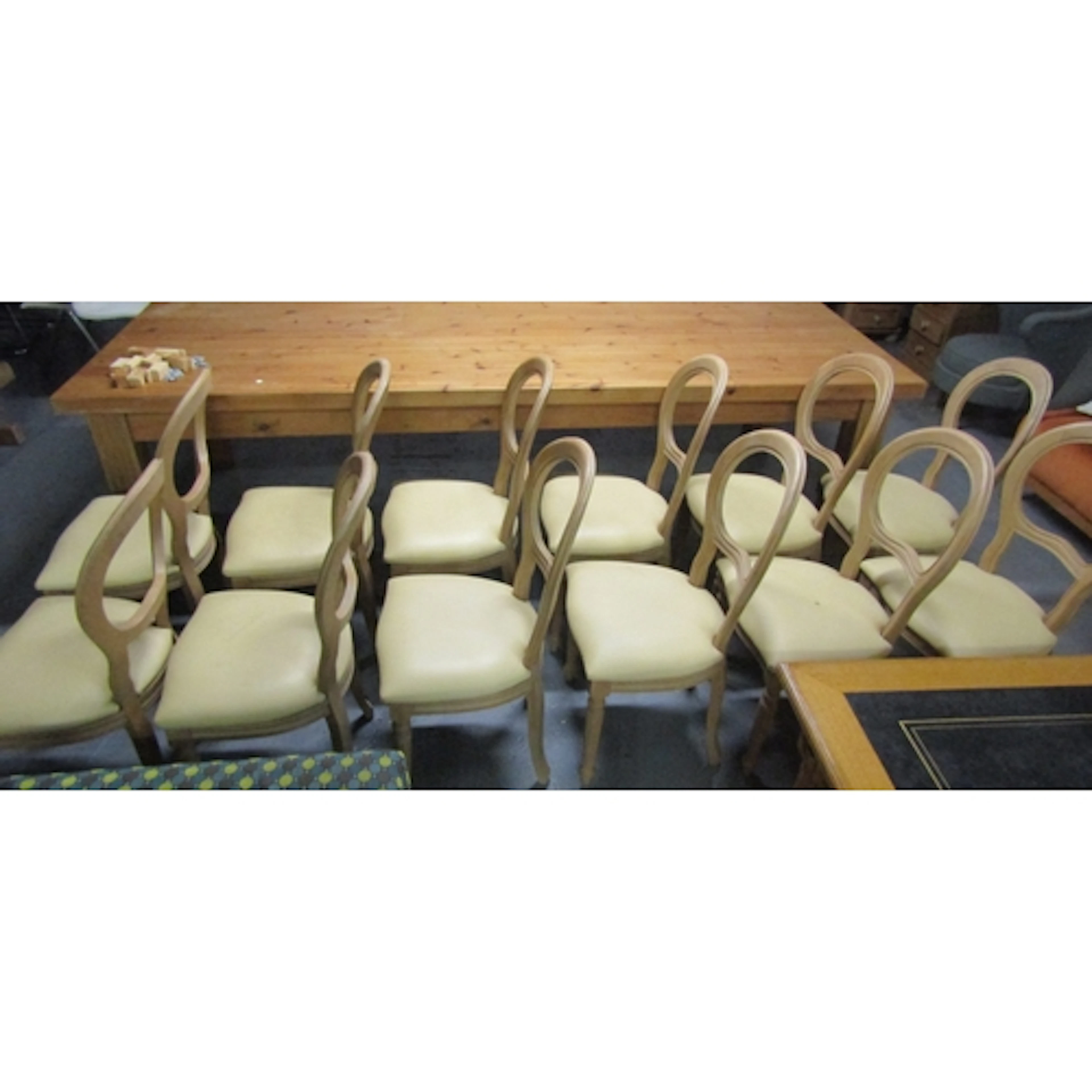 Set of Twelve Pine Dining Chairs Upholstered Seats Above Tur...