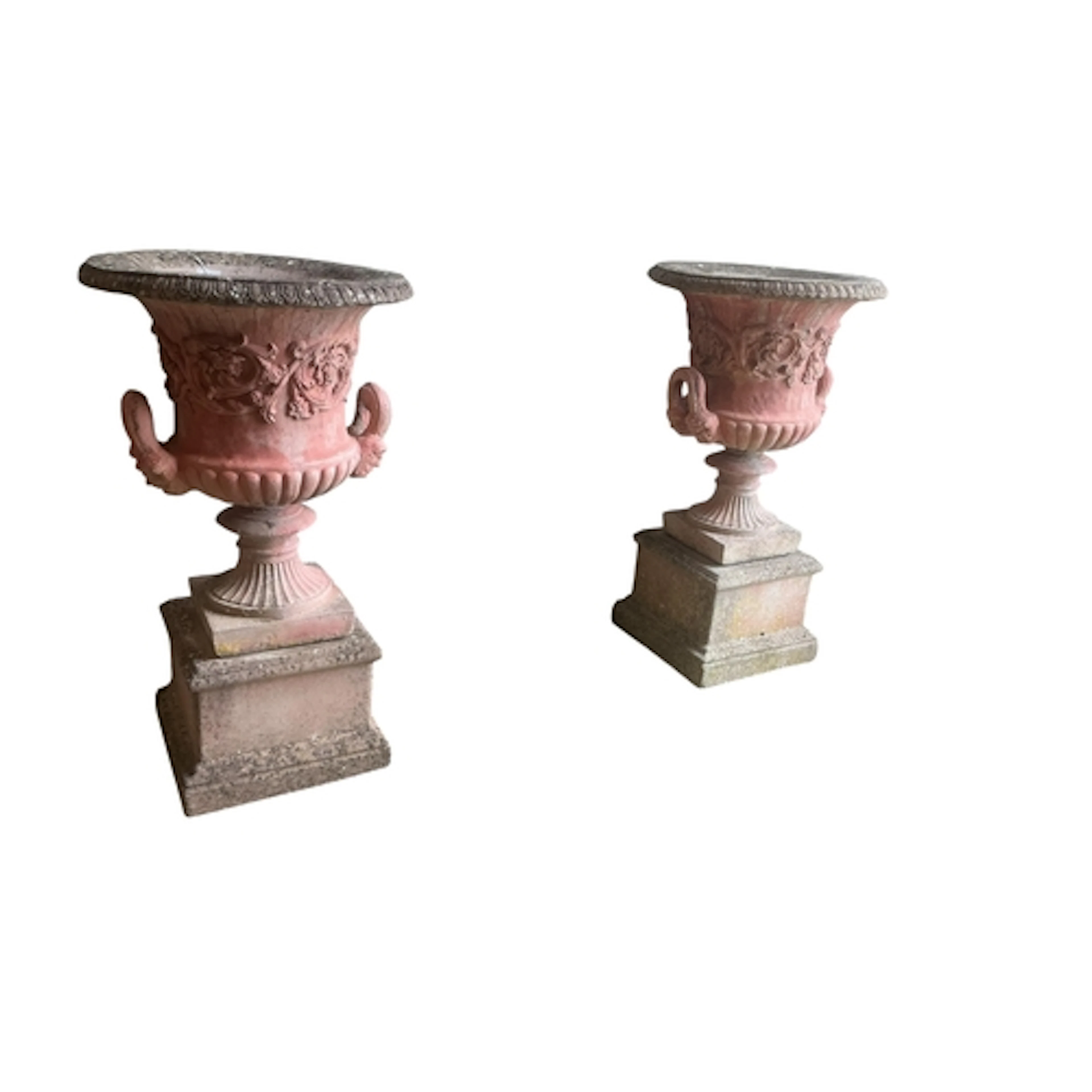 A pair of Victorian style terracotta Campana garden urns on ...