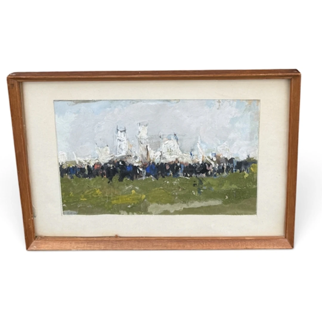 20TH CENTURY IMPRESSIONIST SCHOOL: FIGURES BY A BRIDGE Oil o...