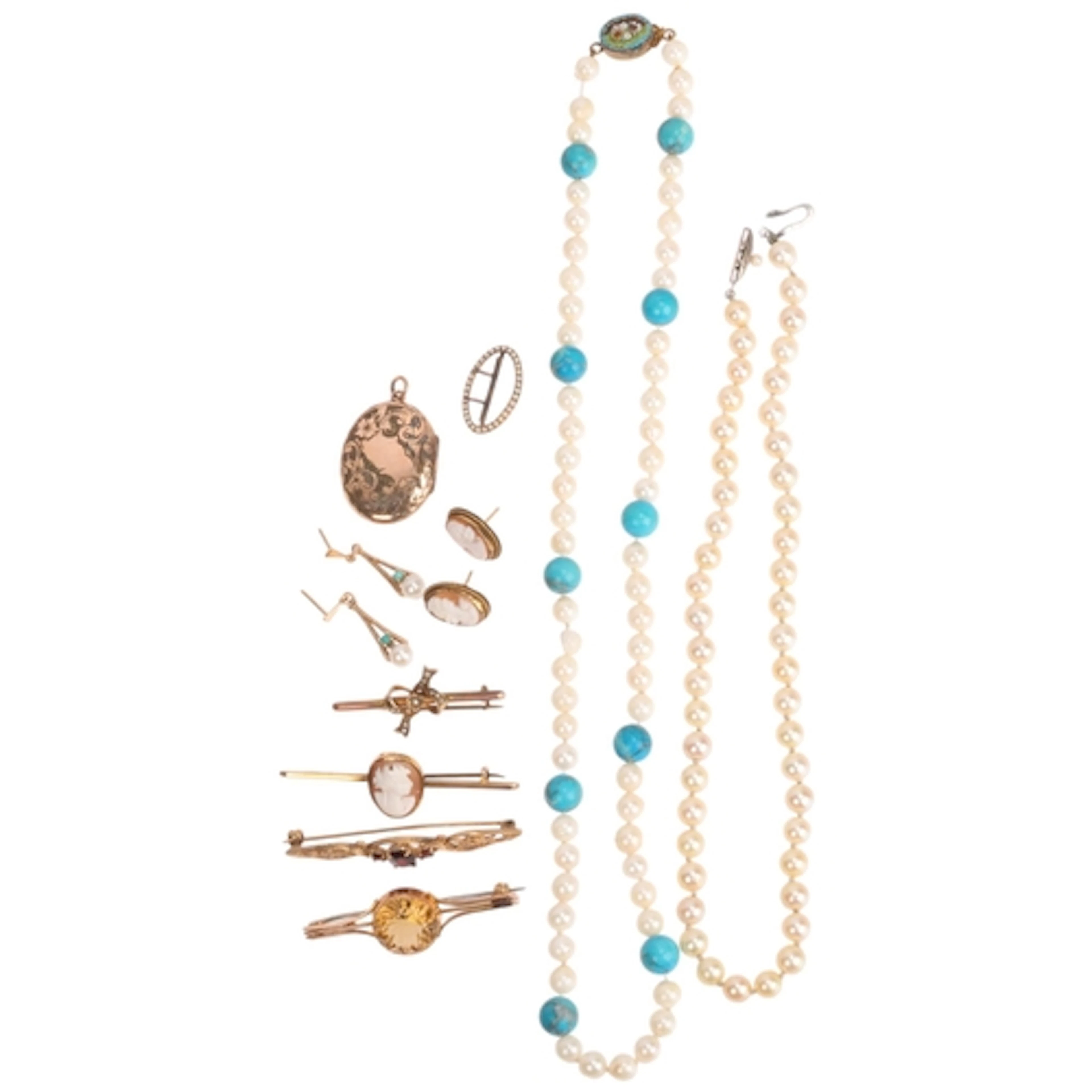 Various jewellery, including 9ct gold brooches, shell cameo ...