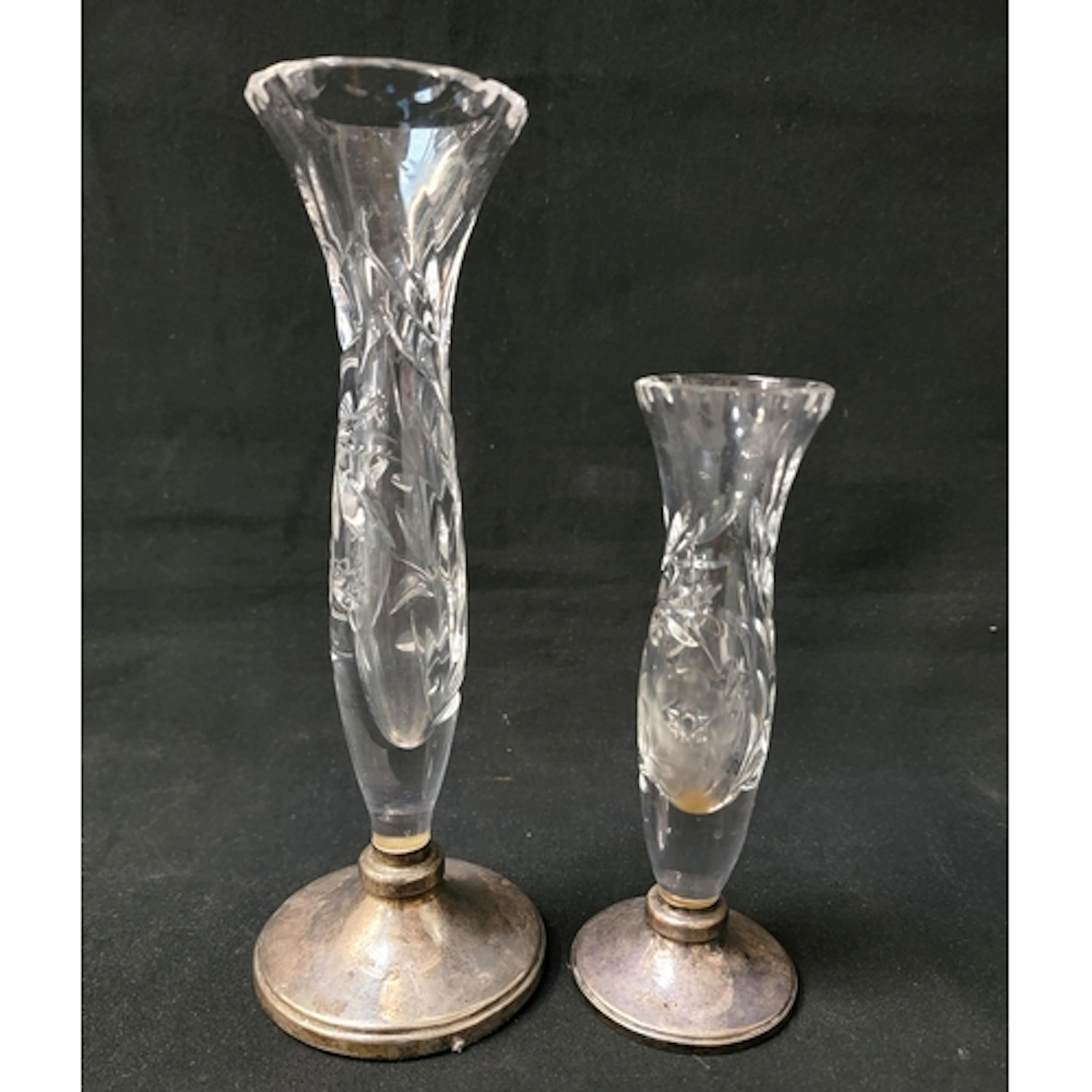 PAIR OF CRYSTAL AND SILVER BUD VASES the larger example 22.5...