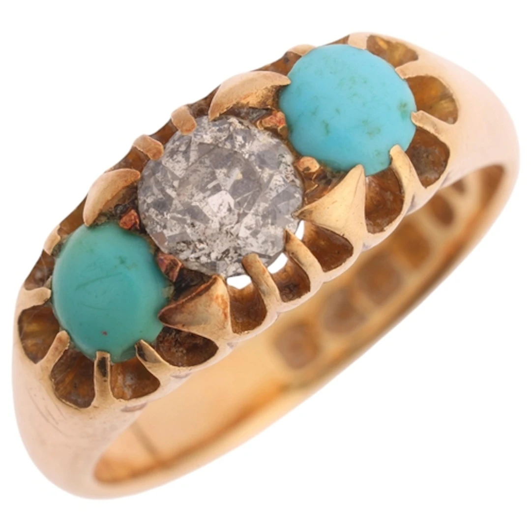 An Antique 18ct gold three stone turquoise and diamond ring,...