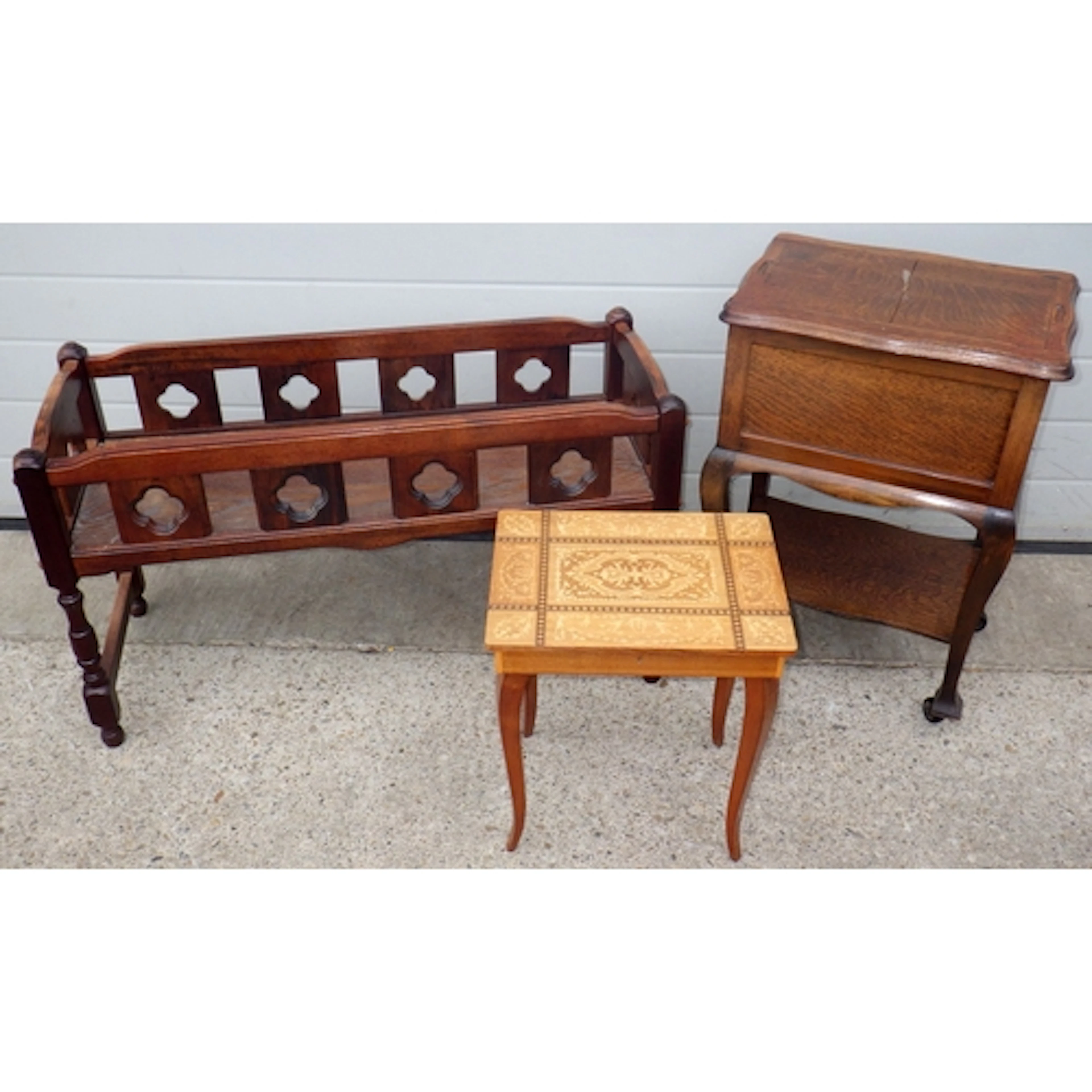 An oak/ply sewing table with sliding top together with a mus...