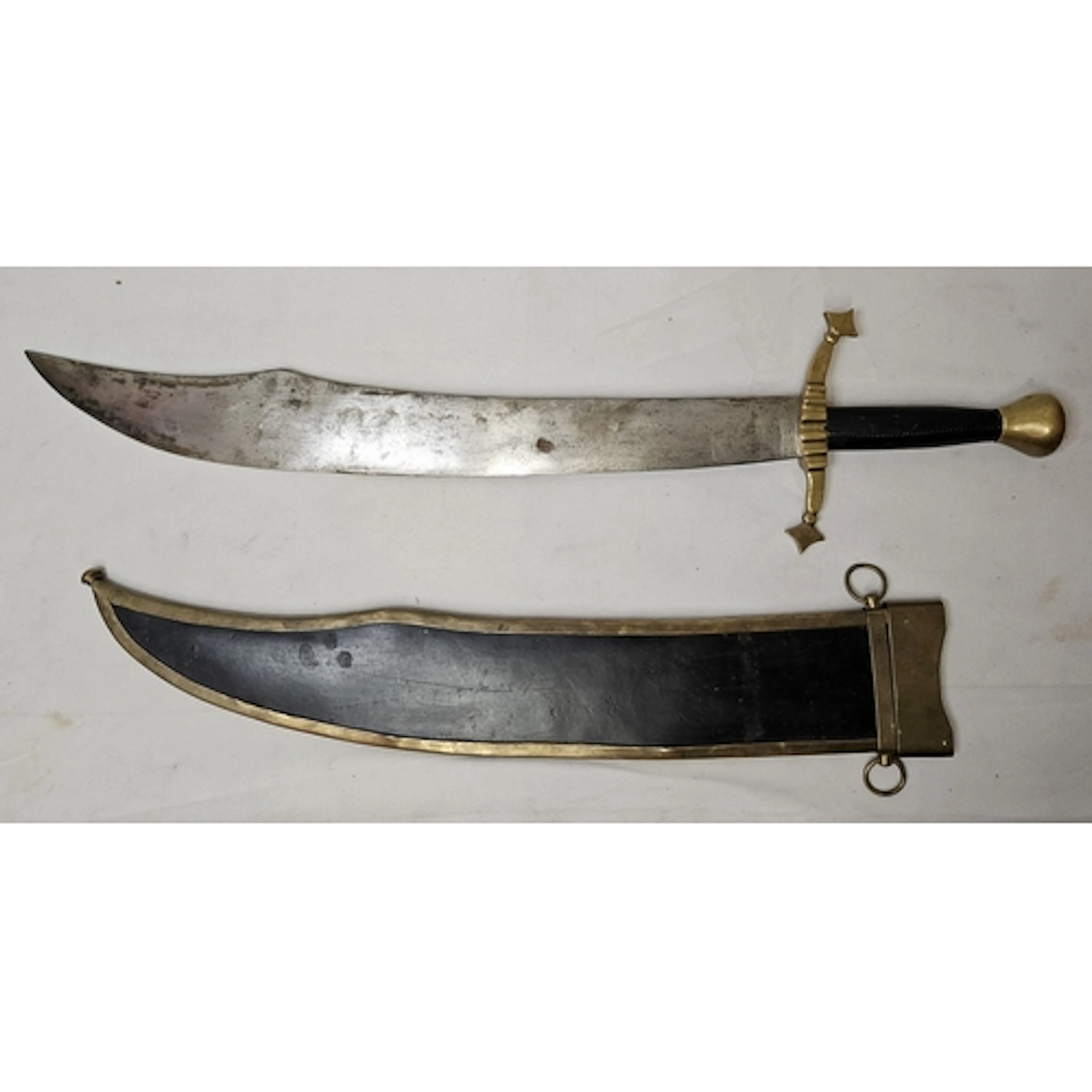 Curved sword with leather handle, brass pommel and cross gua...
