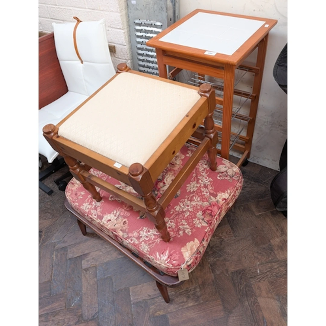 Pine upholstered footstool, one other and a small square kit...