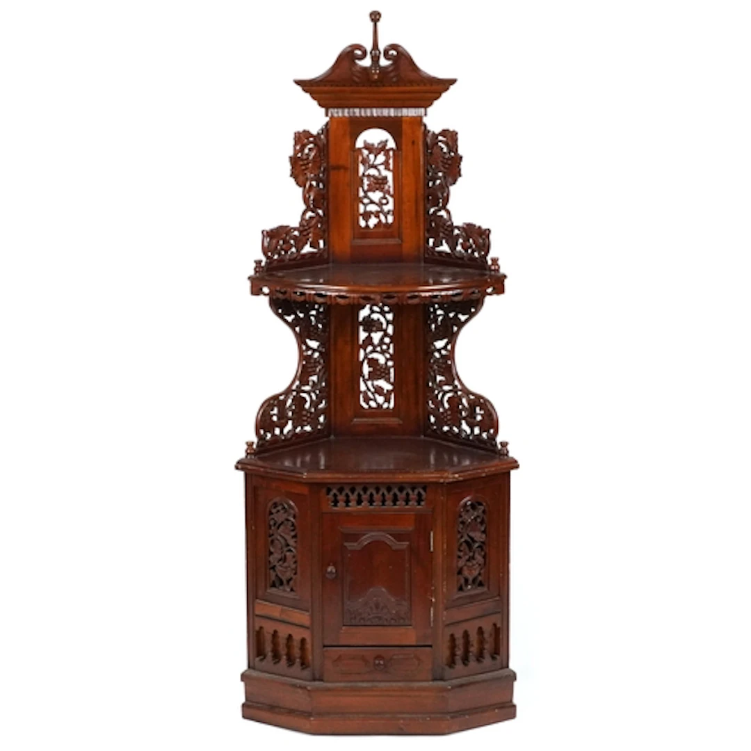 Late Victorian carved hardwood corner cabinet/whatnot with t...
