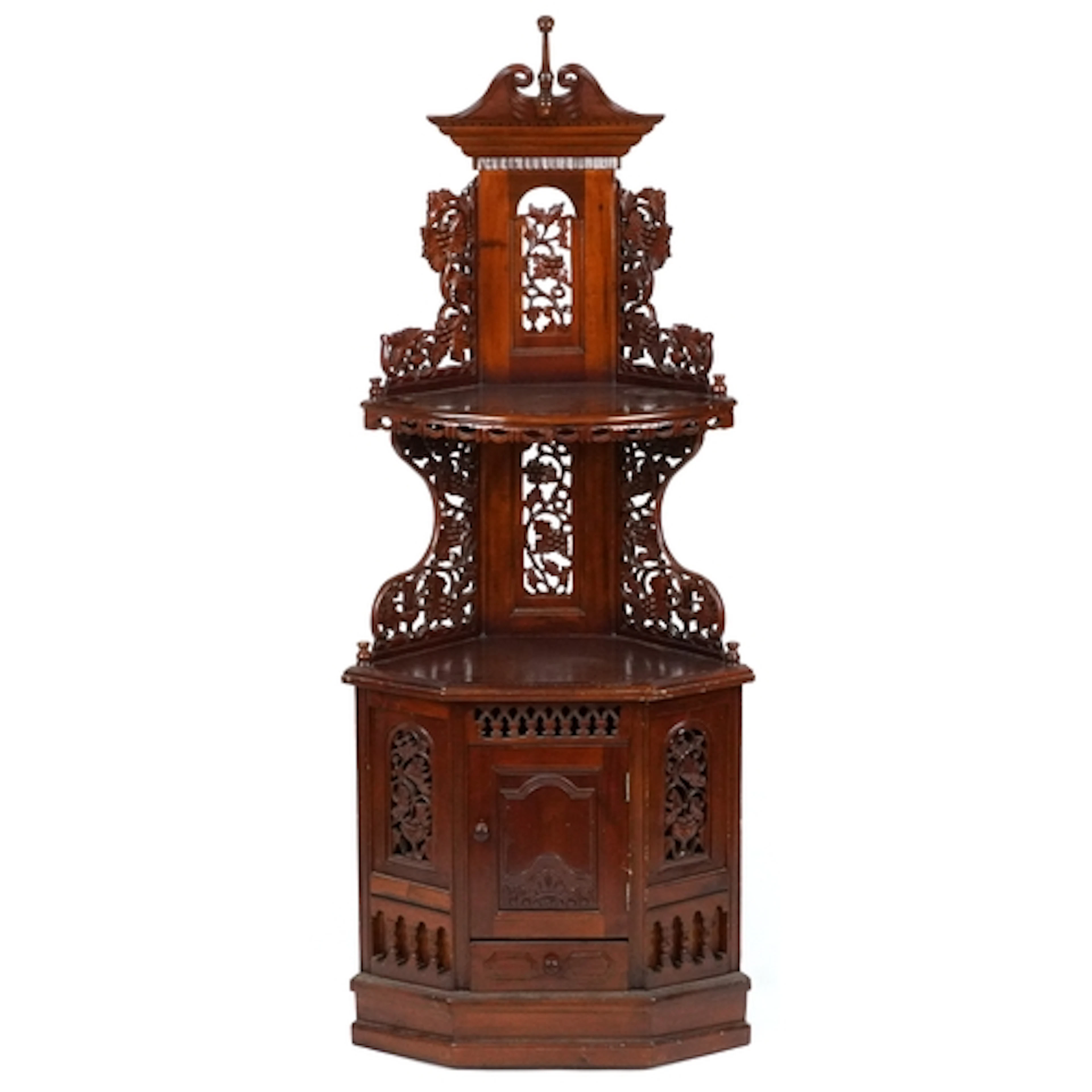 Late Victorian carved hardwood corner cabinet/whatnot with t...