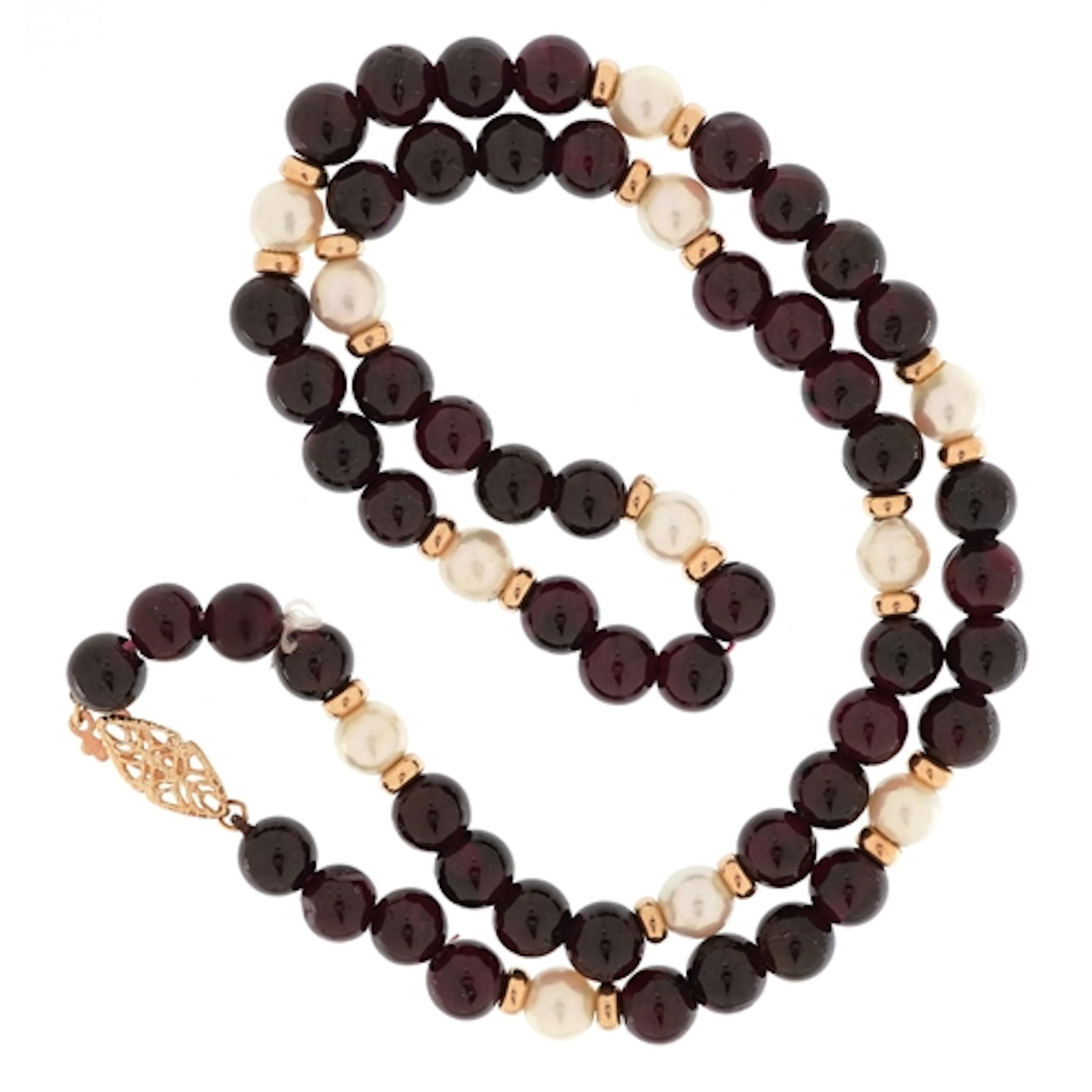Garnet and cultured pearl bead necklace with 14K gold clasp,...
