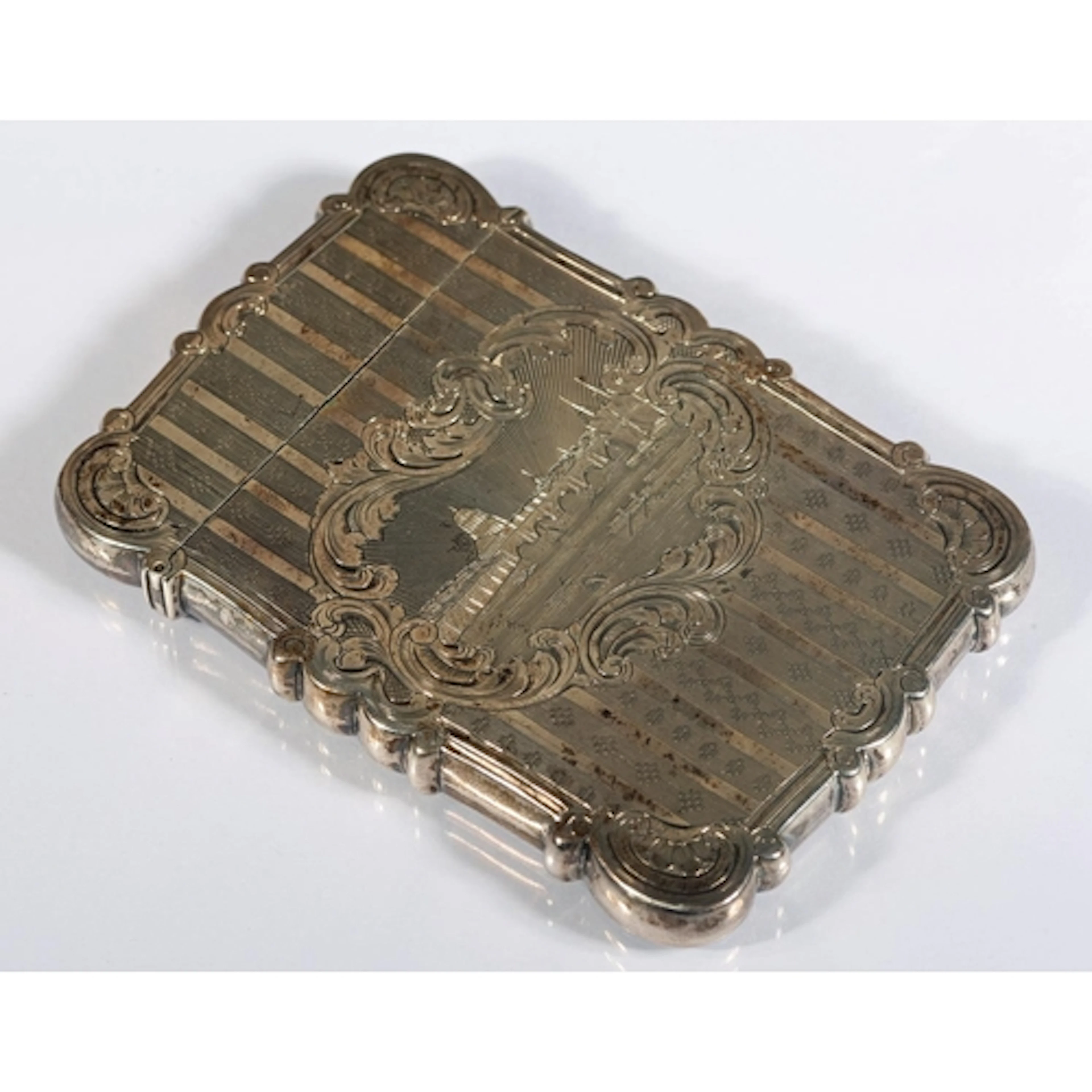 Antique silver card case with castle top style vignette depi...