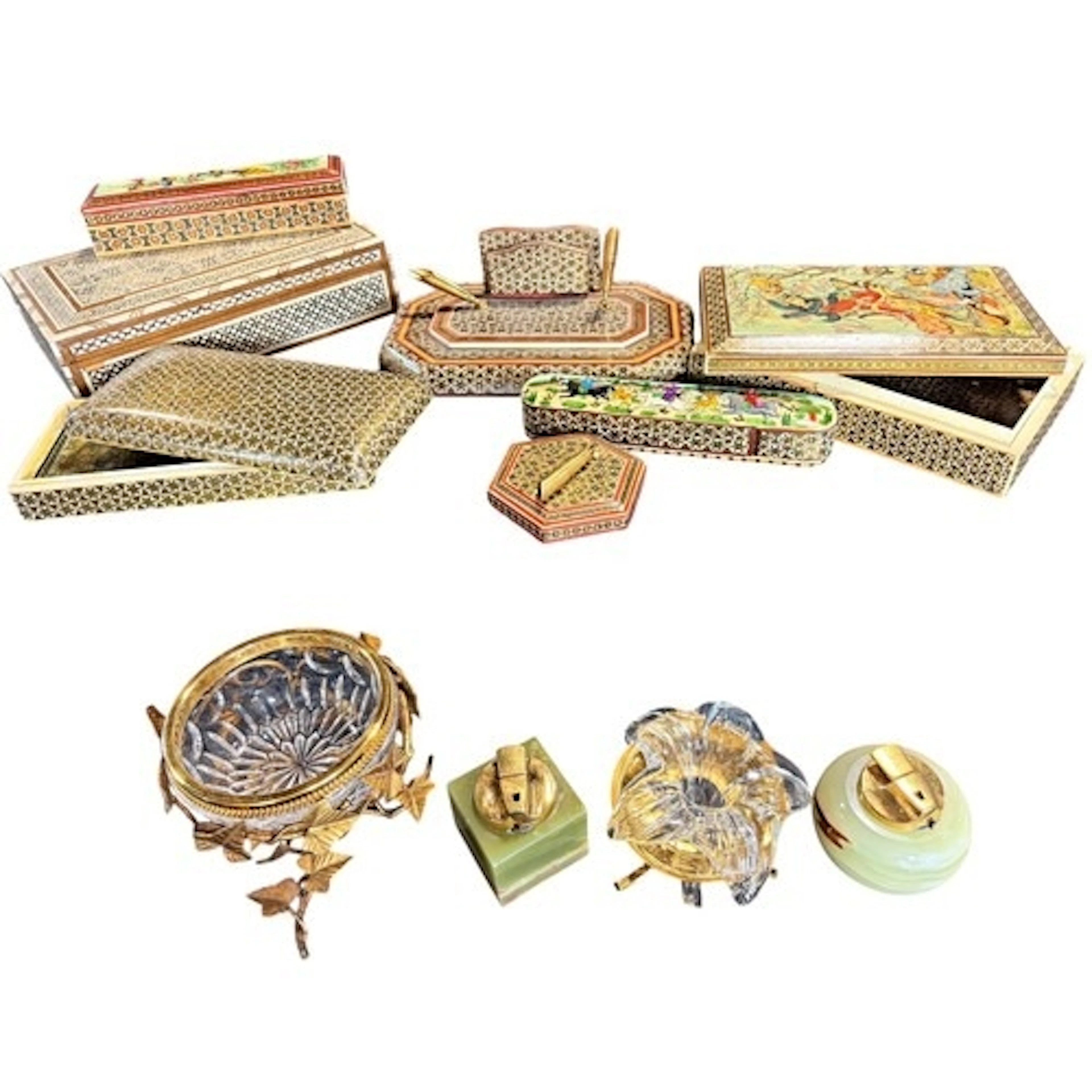 A collection of contemporary Persian inlaid boxes in the sty...