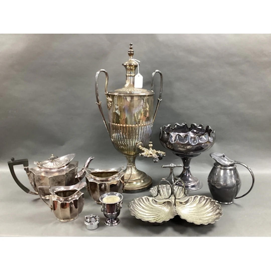 JH Potter Plated on Copper Samovar, semi gadrooned with twin...