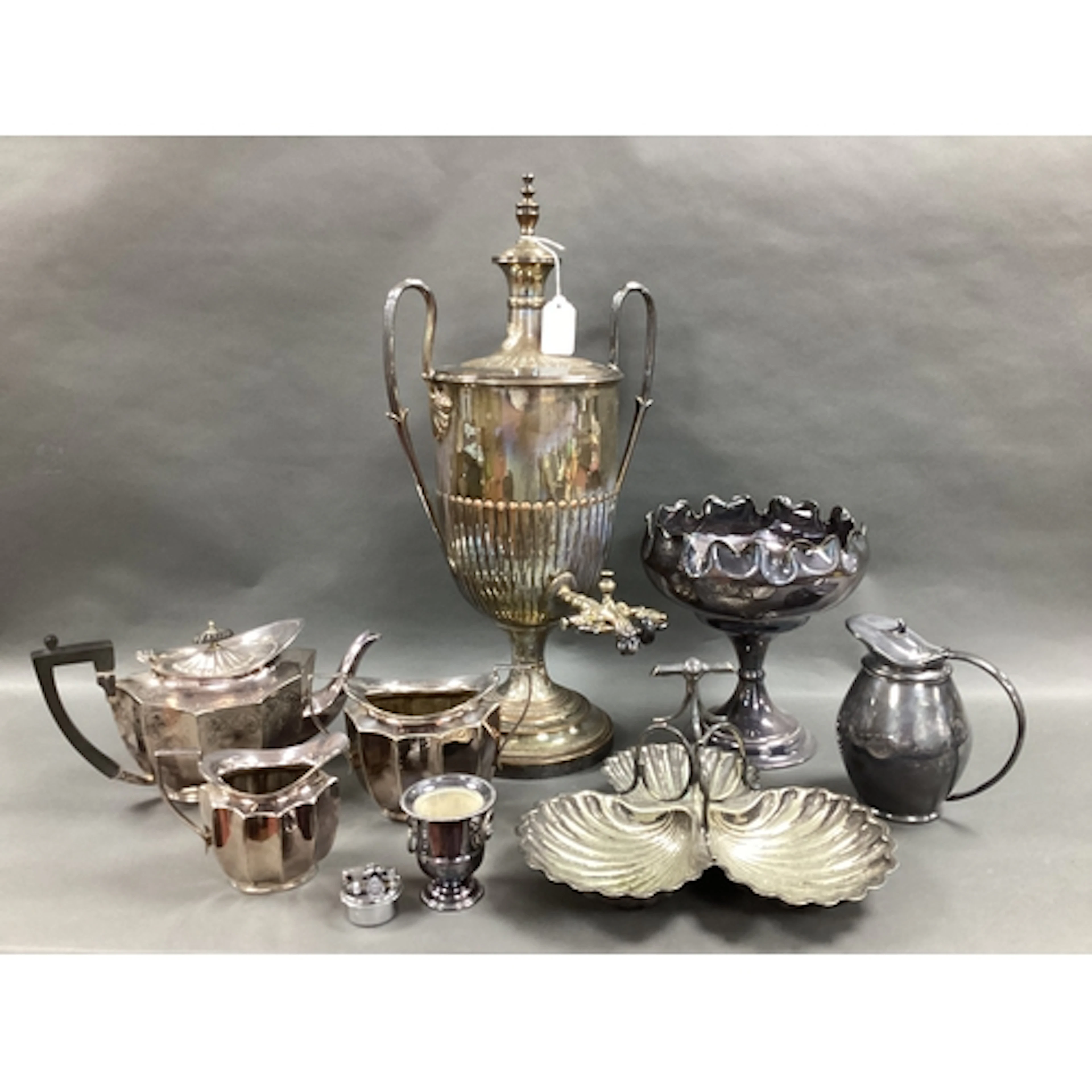 JH Potter Plated on Copper Samovar, semi gadrooned with twin...