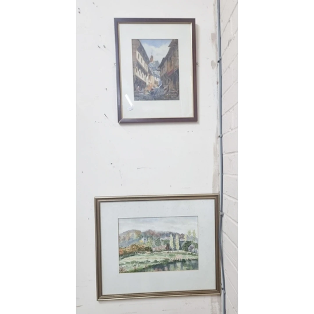 Watercolour of a Victorian street scene and a watercolour of...