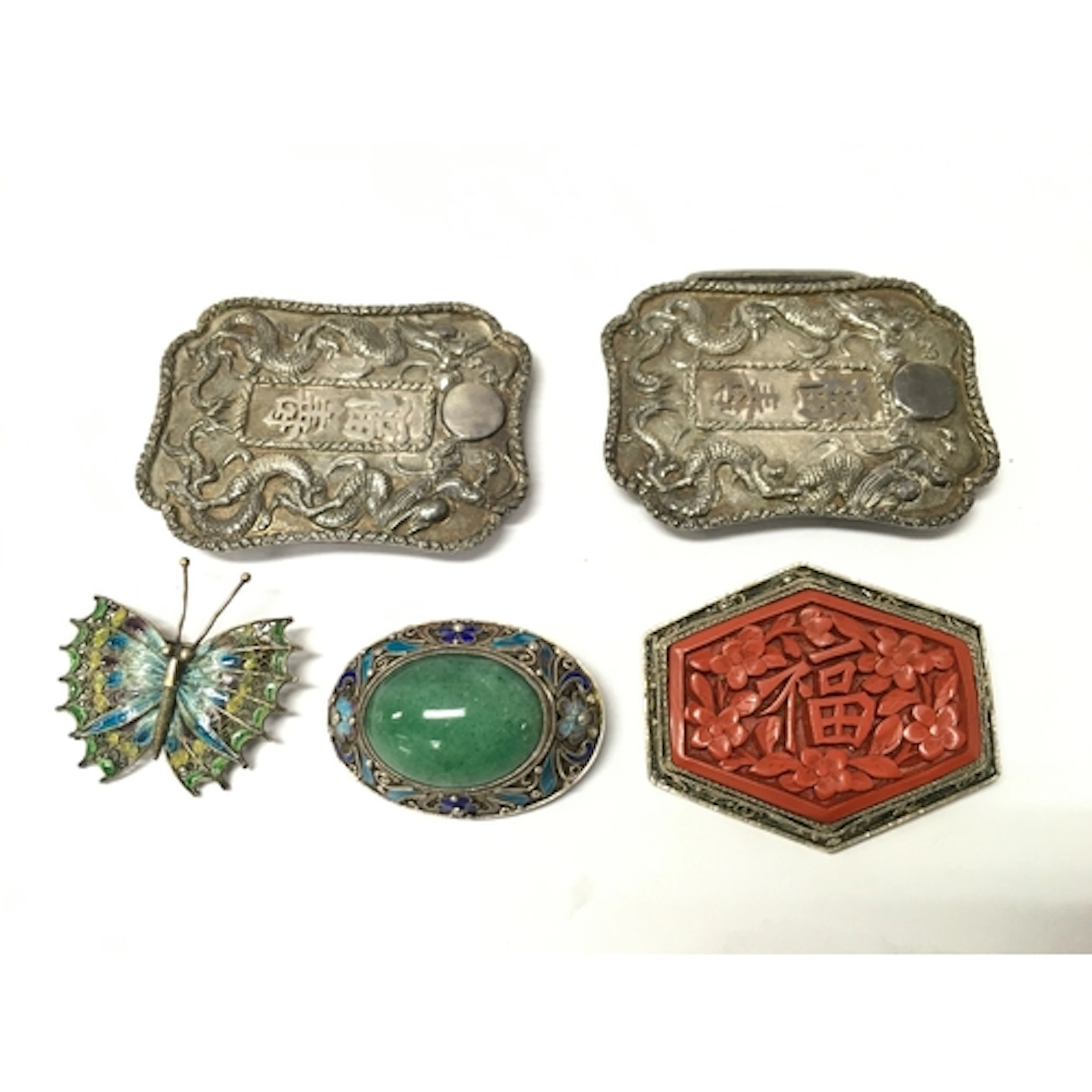 Lot of Five Chinese Silver style metal items, including 8cm ...