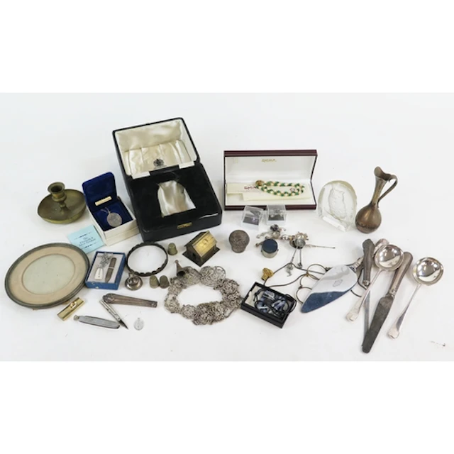 A plated chain link belt, assorted plated wares , costume je...