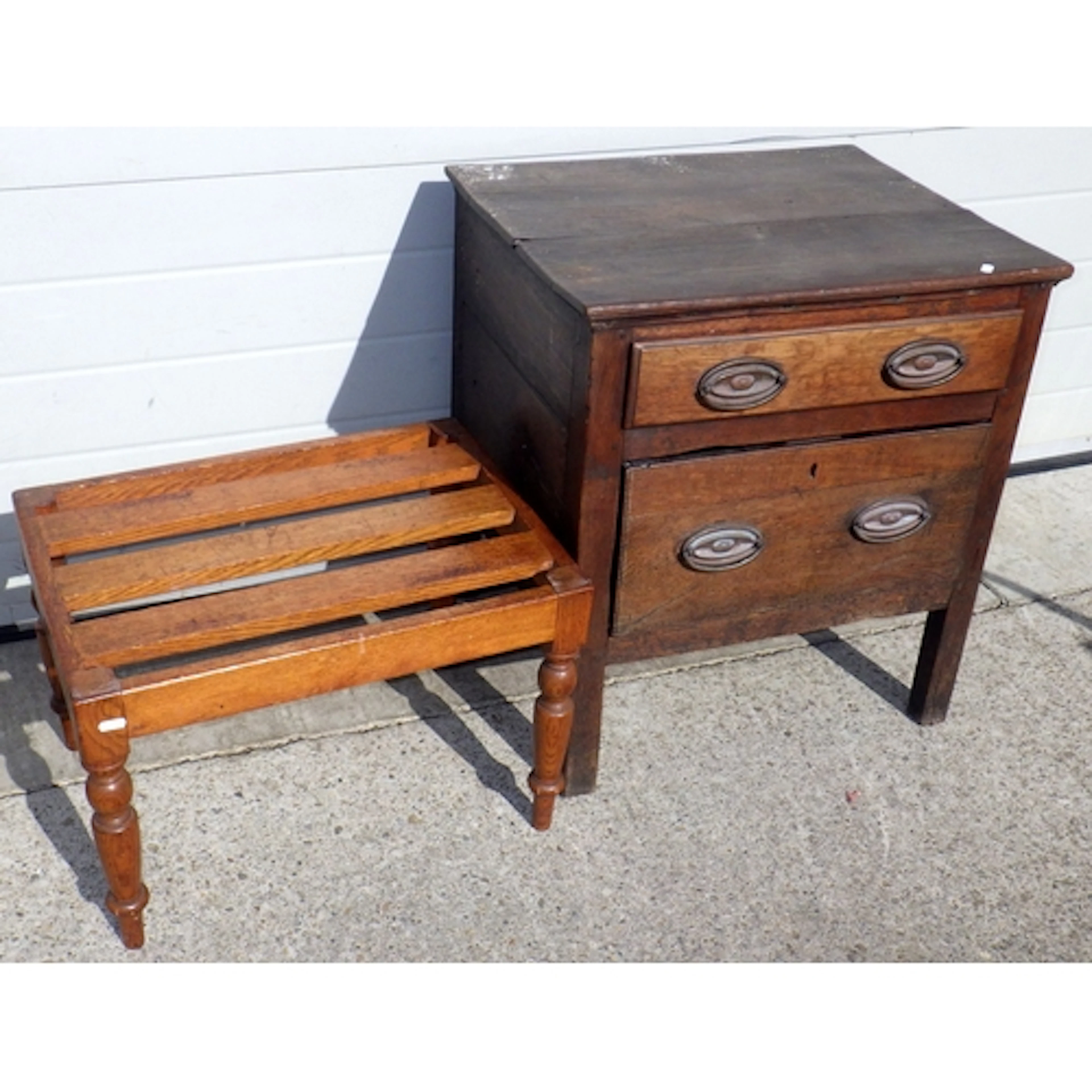 A small oak chest of two drawers together with an oak suitca...