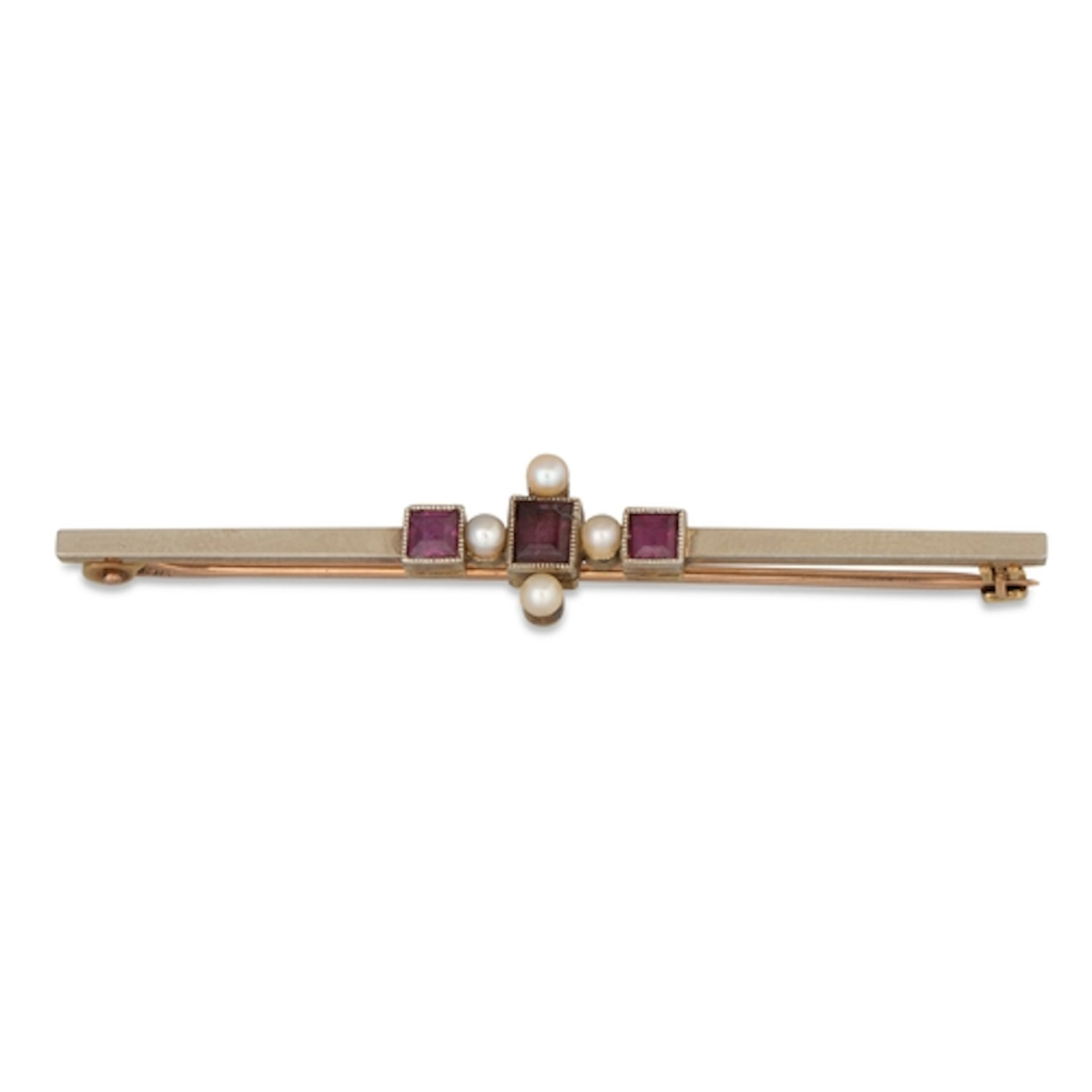 AN ANTIQUE PEARL AND GEMSTONE BAR BROOCH, C. 1920, mounted i...