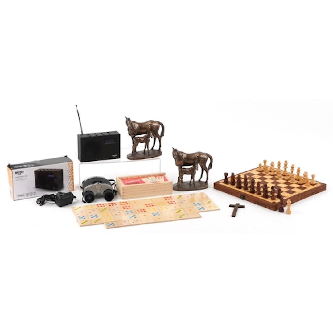 Sundry items including two bronzed studies of horses, binocu...