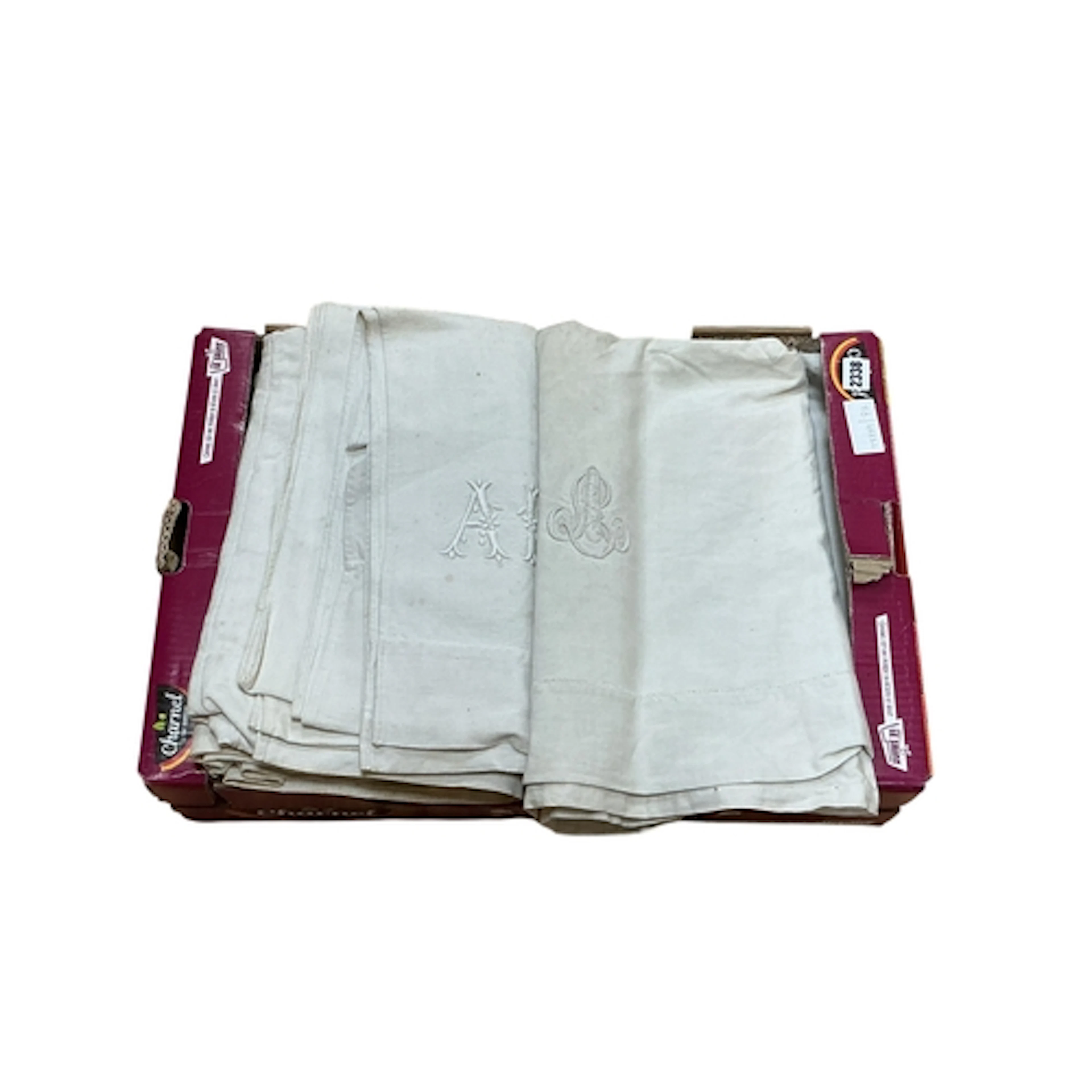 Six vintage French monogrammed linen sheets