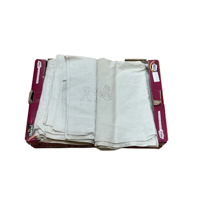 Six vintage French monogrammed linen sheets