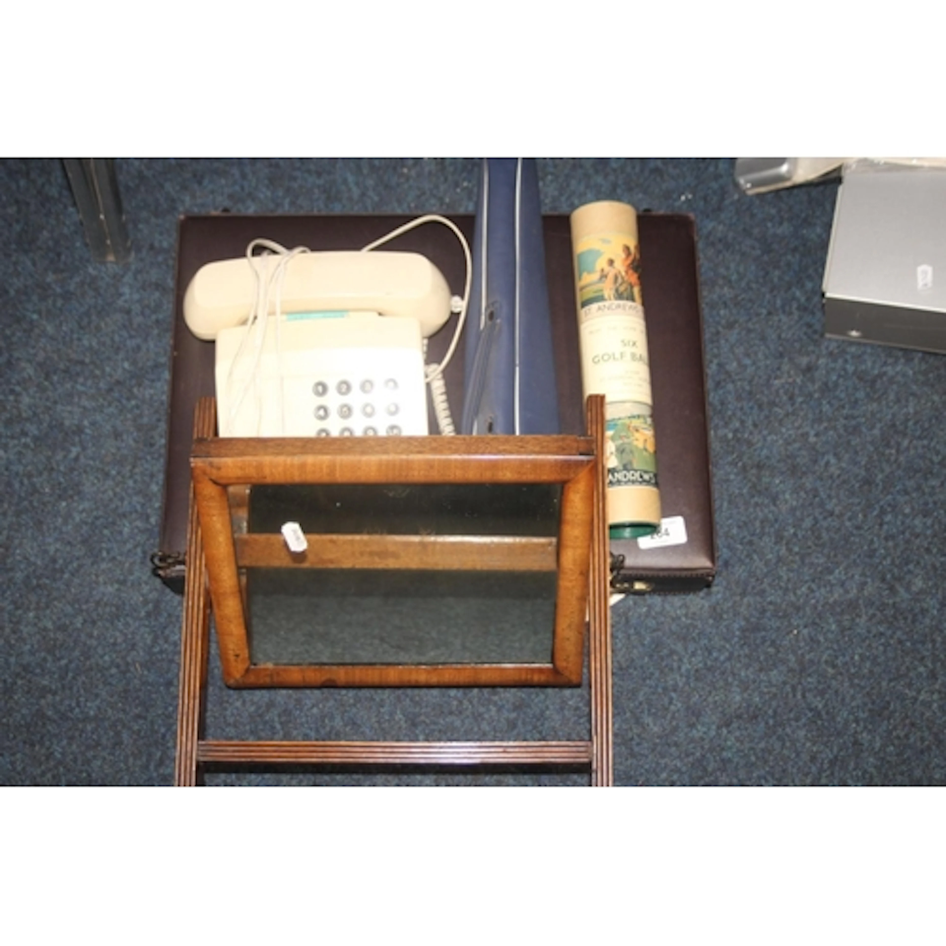 Vintage telephone, briefcase, music stand, etc.