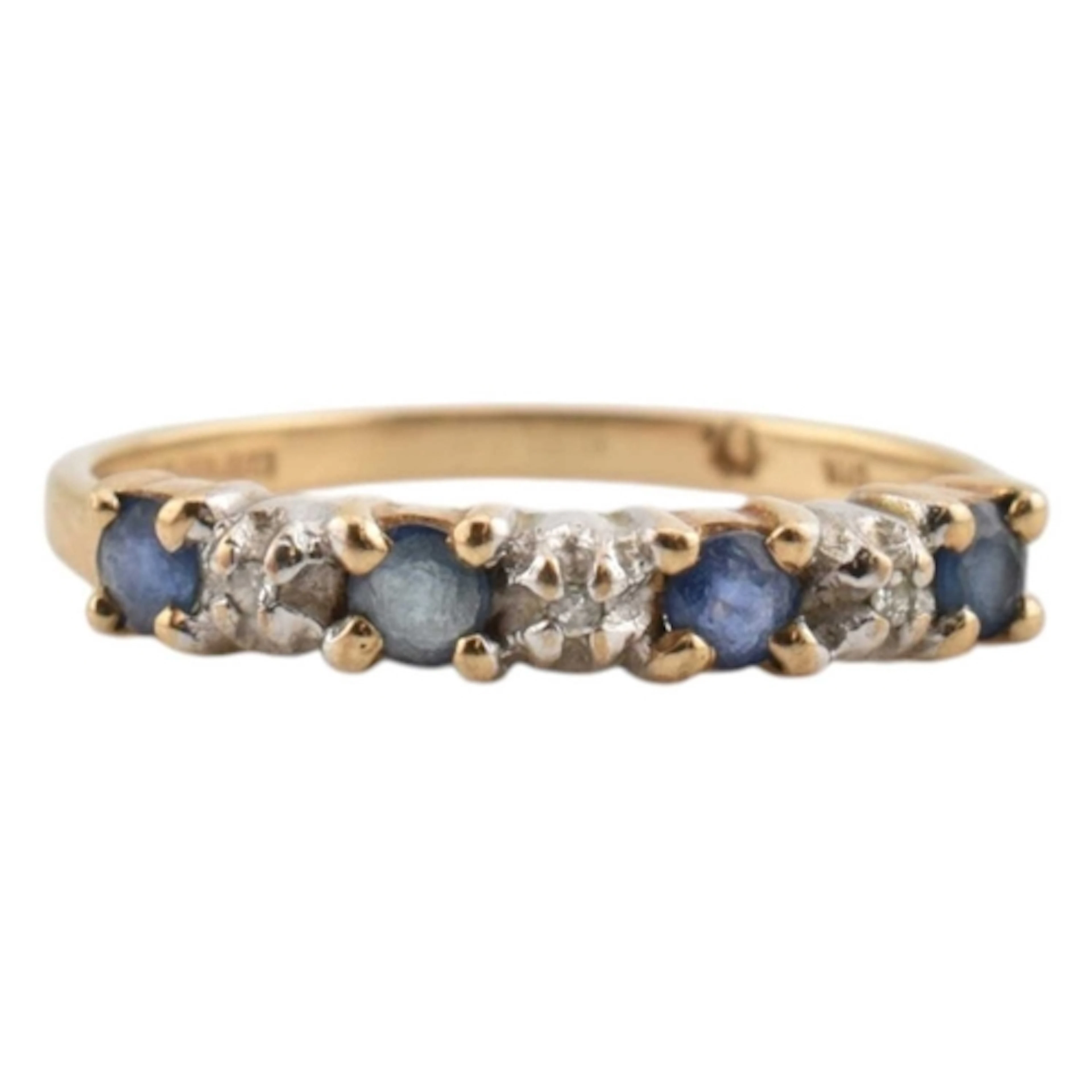 A 1970s hallmarked 9ct gold sapphire and diamond half hoop r...