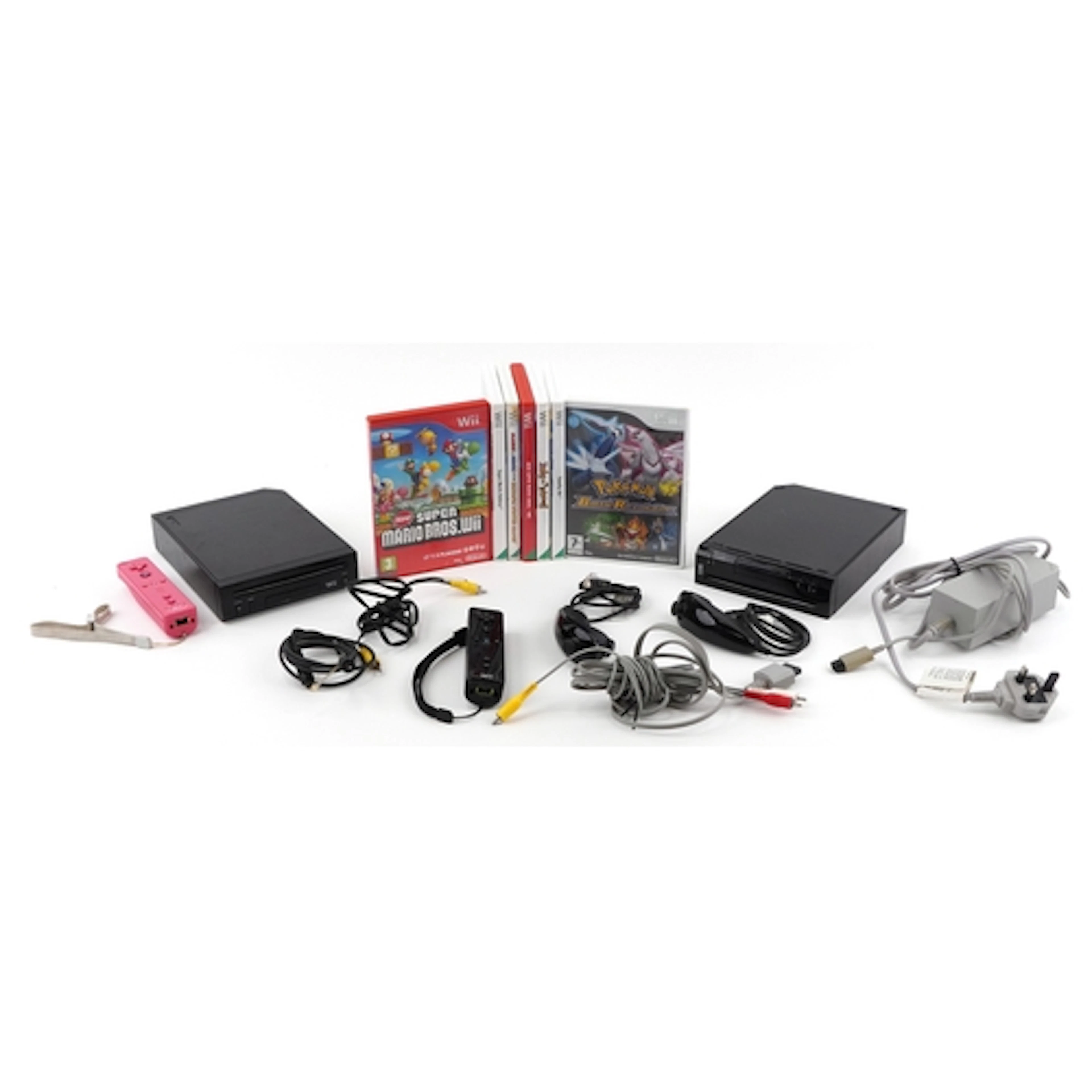Two Nintendo Wii games consoles with controllers, accessorie...