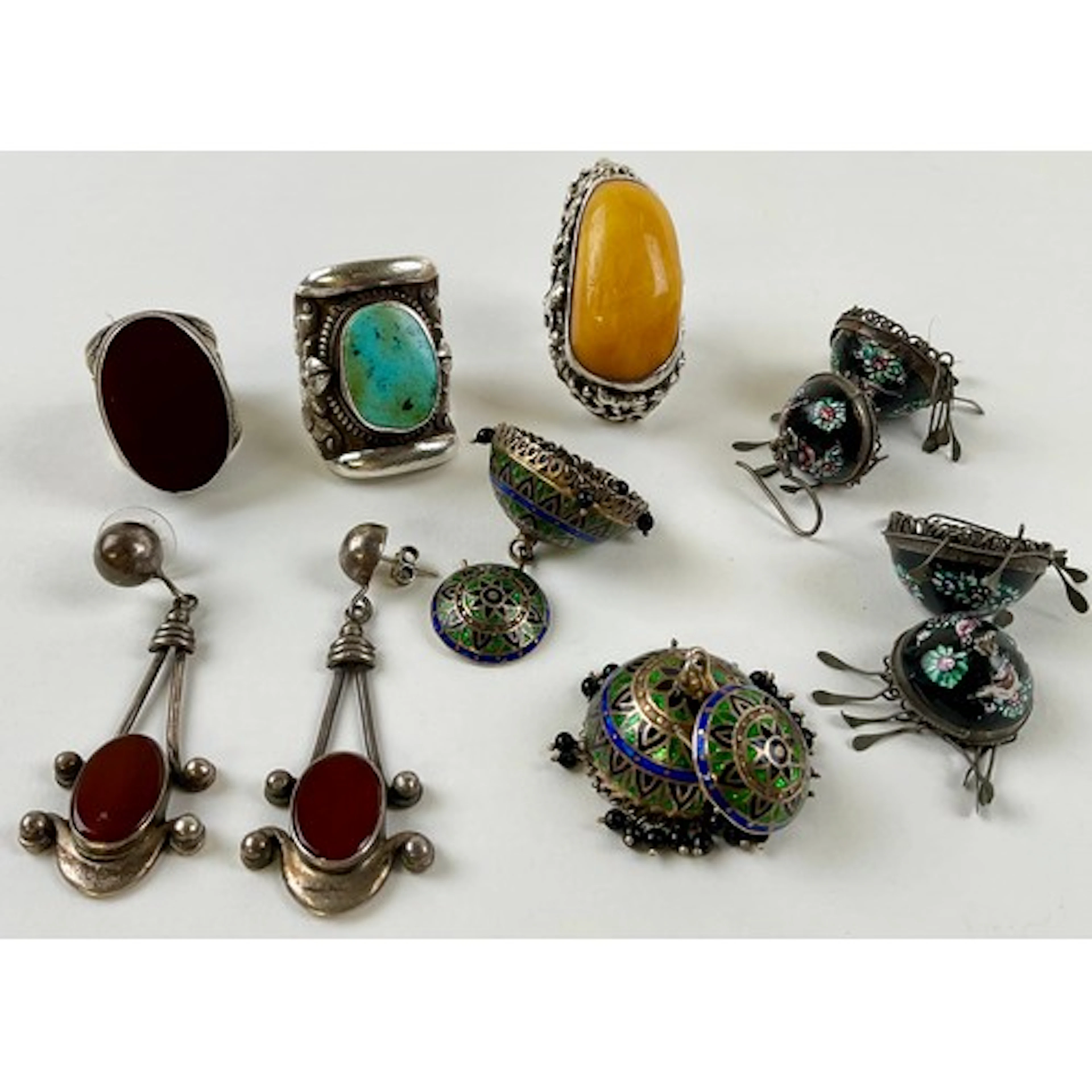 A pair of Indian meenakari enamel jhumka earrings, 5cm drop;...