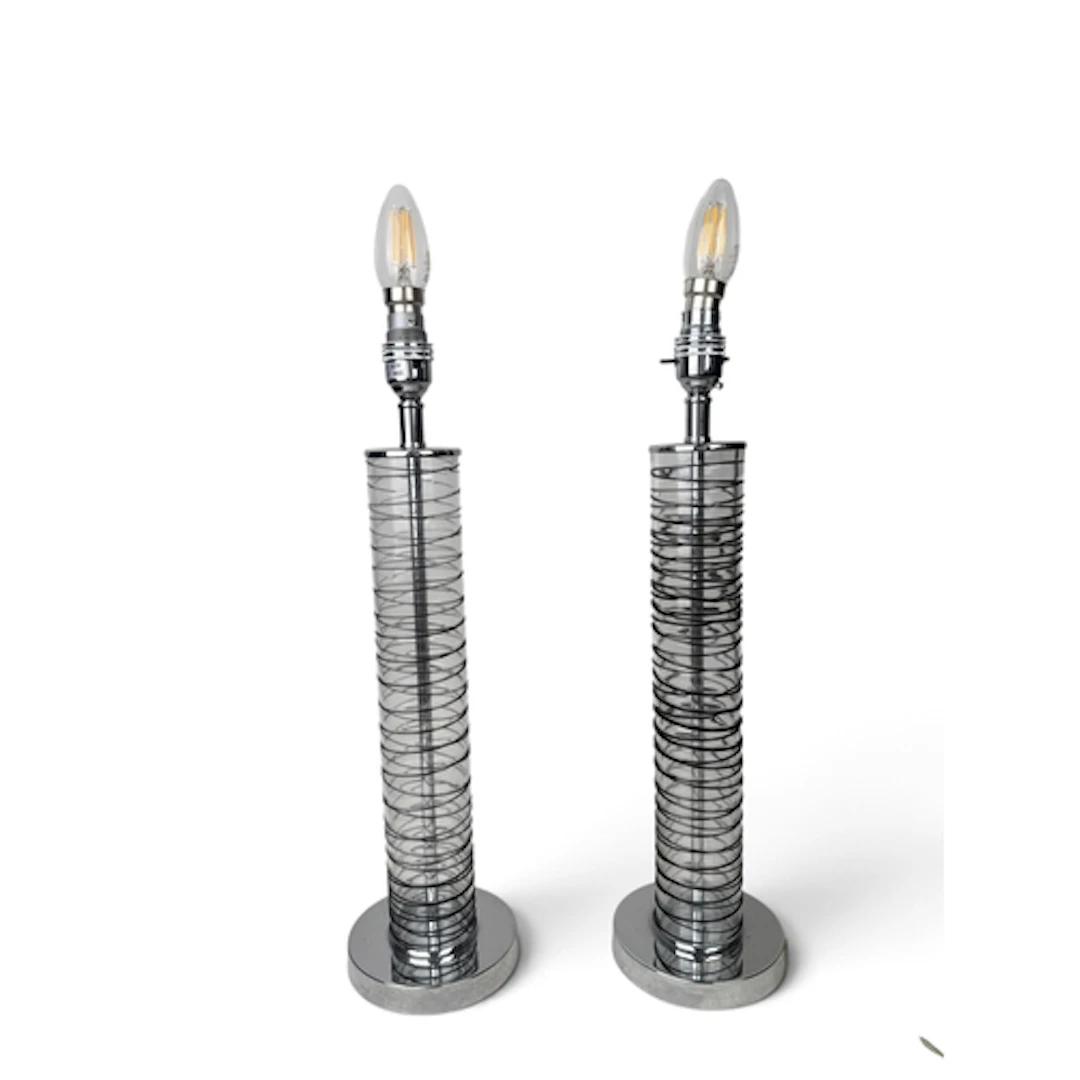 A PAIR OF GLASS COLUMN TABLE LAMPS BY ENDON 45cm H including...